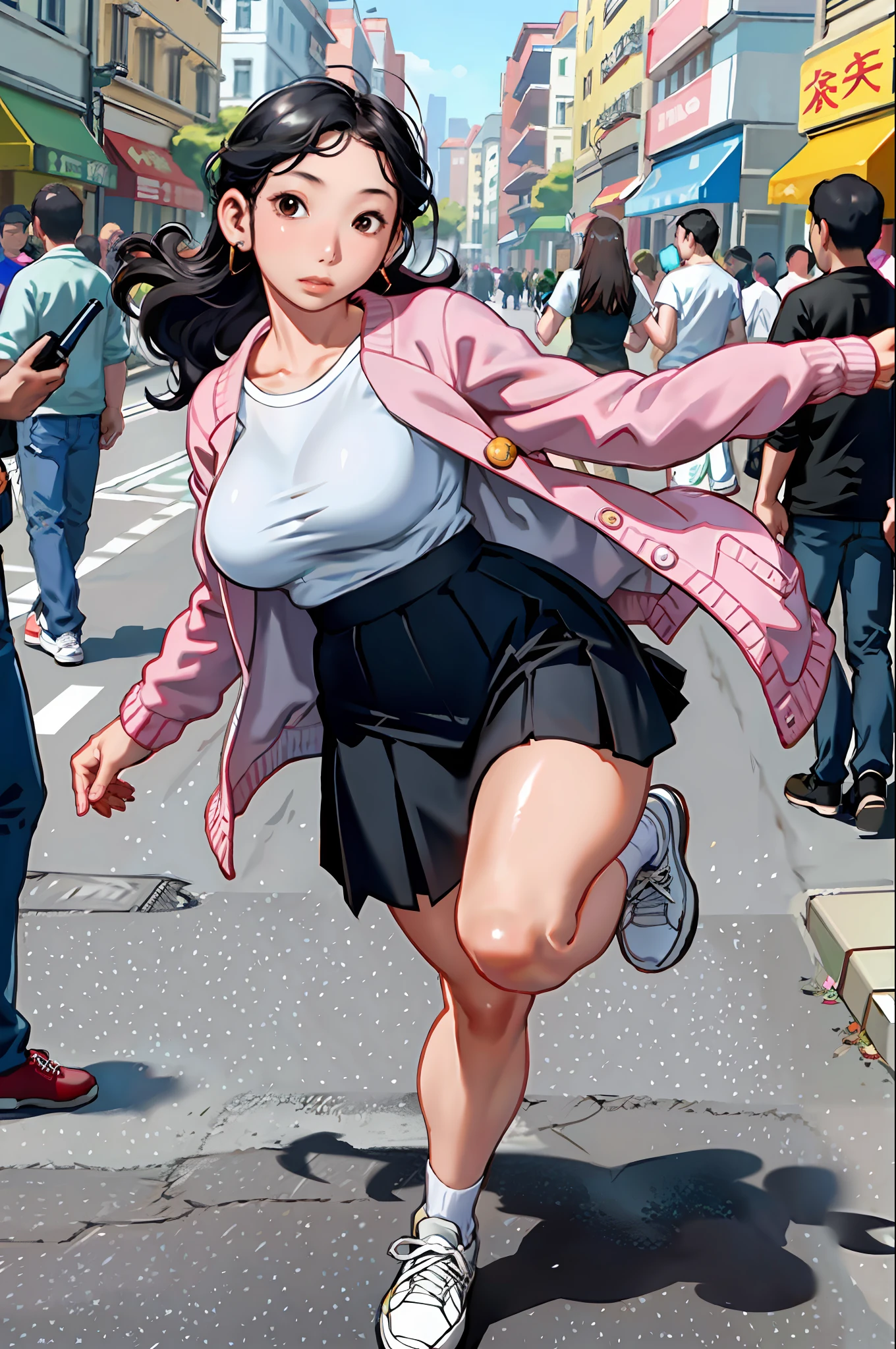 masterpiece, best quality,1girl,young girl,brown eyes,long hair,pathetic _face,shiny skin,(nice leg line:1.3),thin waist,huge breasts,
BREAK
, Pink_knit_cardigan, white_button-up_shirt, navy_blue_A-line_skirt, white_canvas_sneakers, black_hair_clips, black_backpack,
BREAK
around crowd:1.1,depth of field,looking at viewer,standing,from front,full body