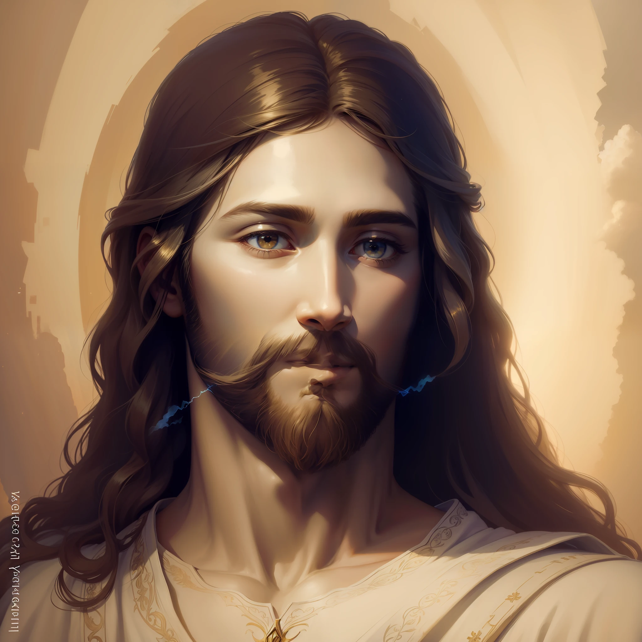 An extremely vivid and illuminated portrayal of Jesus with warm and radiant smile, wearing a white flowing robe, glimmering golden light and subtle glow softly emanating from him, surrounded by blue skies and pristine clouds, amidst gentle and peaceful ambience. --auto --s2