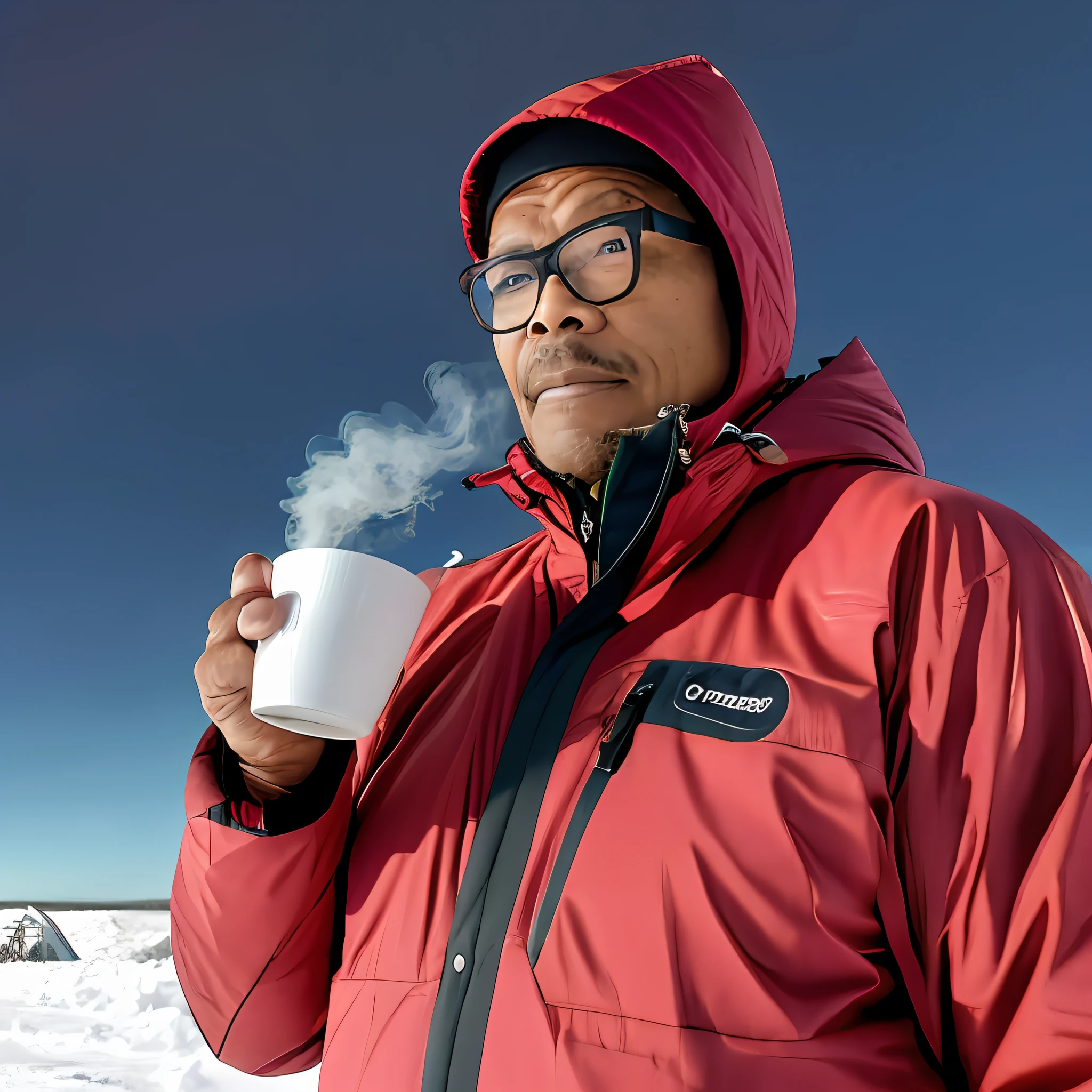 Guttonerdvision3, a 50-year-old man wearing glasses, a sharp and detailed face and skin, holding a hot and smoky cup of tea, wearing a hooded Eskimo outfit windbreaks in the snow of the North Pole