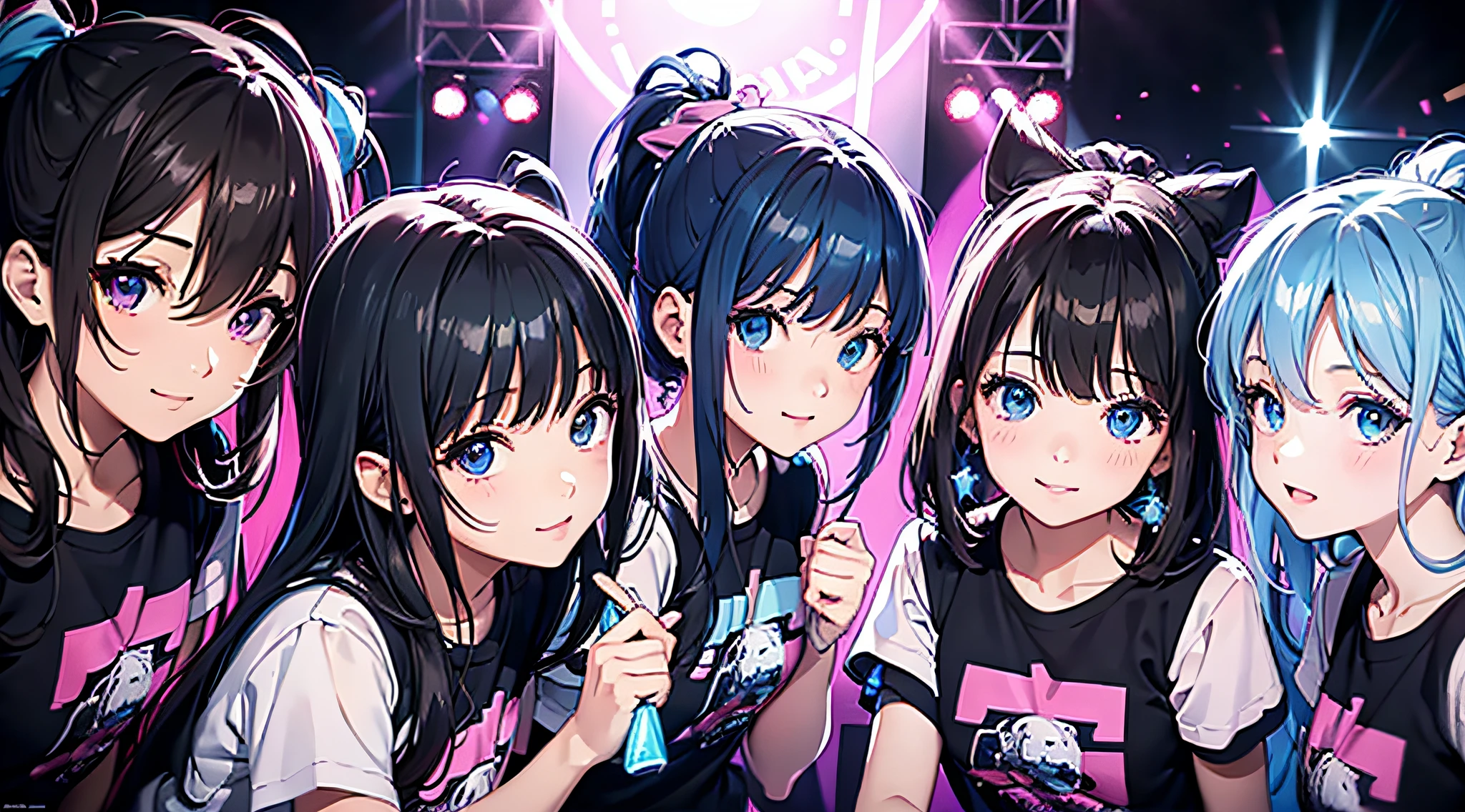 Ink drawing, high resolution, absurdity absolute resolution, (highest quality, high resolution), very wide shot, 25mm F1.4 1/60, break, 3 girls (light blue idol clothes with short sleeves), black hair, smiling, dancing in the middle of the concert venue, high contrast, HDR, shiny live venue, lots of red, blue, pink lighting pens surrounding the girls, the whole thing glitters, depth of field, movie lighting, focus on the eyes, three-point composition, ribbon on head