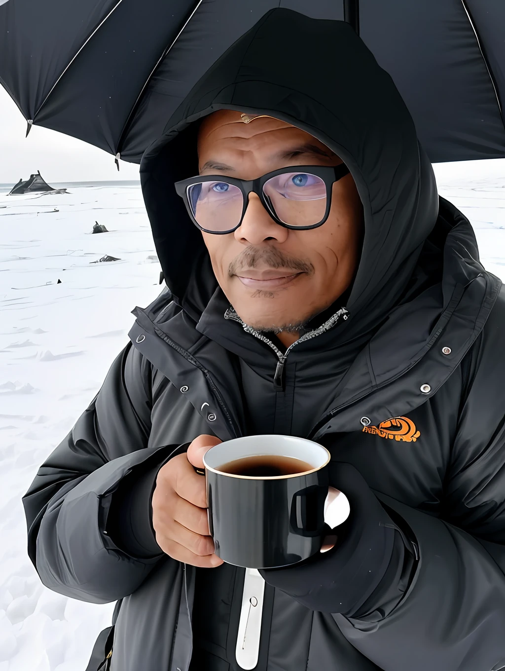 Guttonerdvision3, a 50-year-old man wearing glasses, a sharp and detailed face and skin, holding a hot and smoky cup of tea, wearing a hooded Eskimo outfit windbreaks in the snow of the North Pole