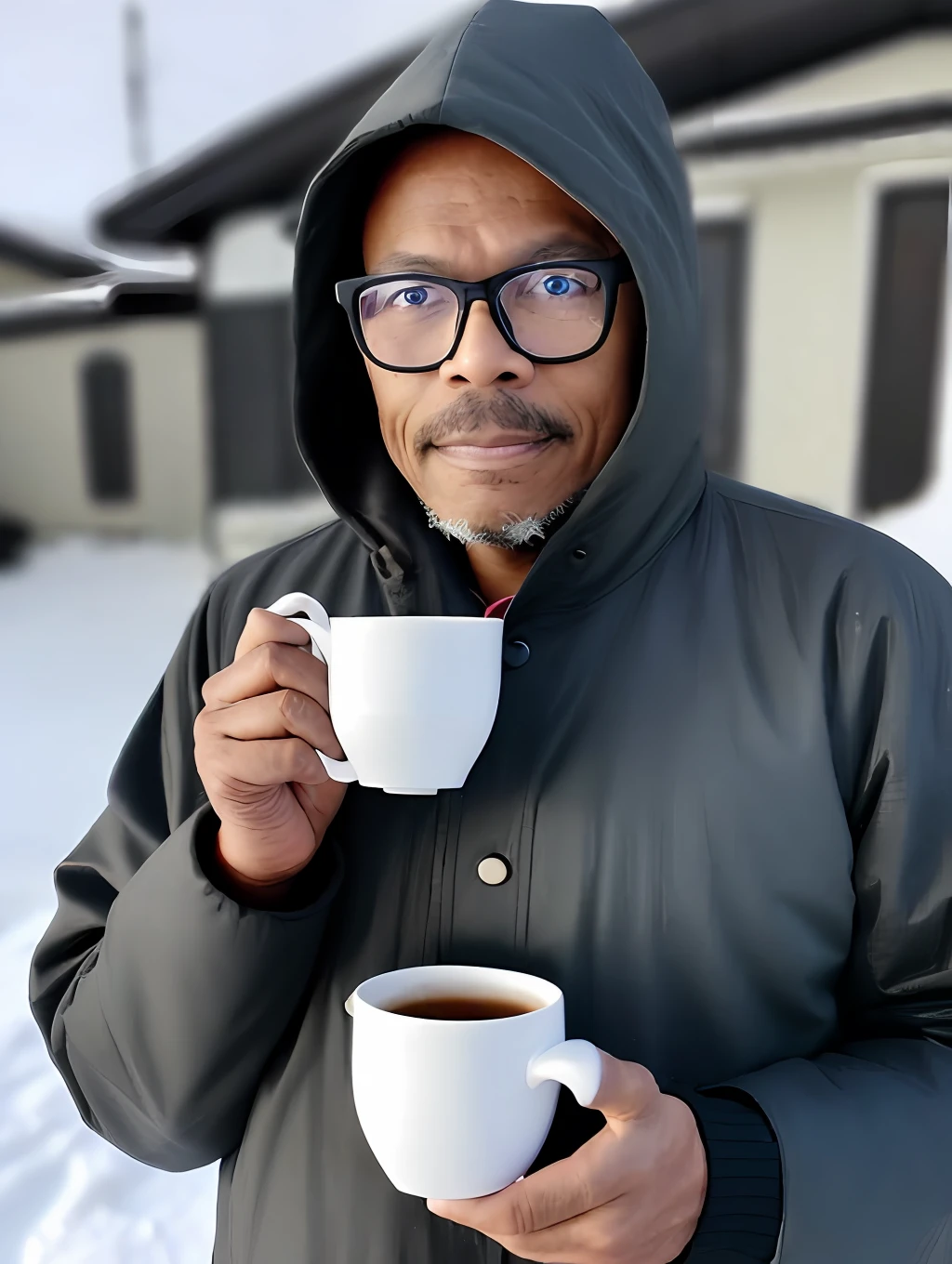 Guttonerdvision3, a 50-year-old man wearing glasses, a sharp and detailed face and skin, holding a hot and smoky cup of tea, wearing a hooded Eskimo outfit windbreaks in the snow of the North Pole