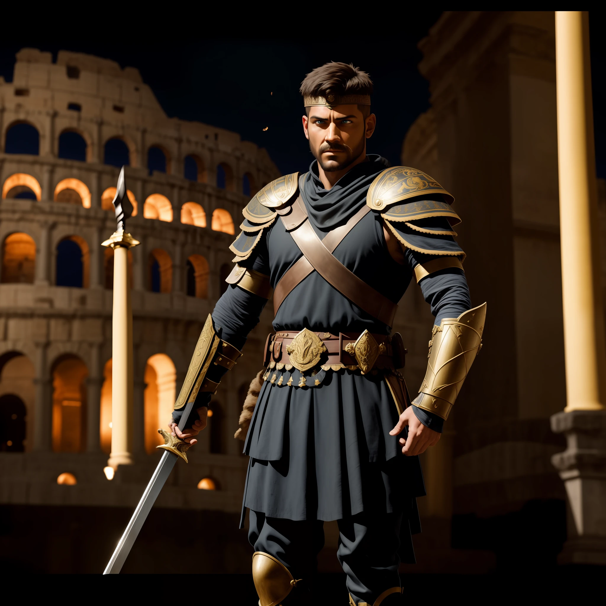 Roman soldier, incredibly flawed face, wearing battle clothes, in front of the coliseum, scary, sword in hand, hyperealistic, cinematic, hyperdetailed, the night, 8k, HDR, insane details, intricate details,