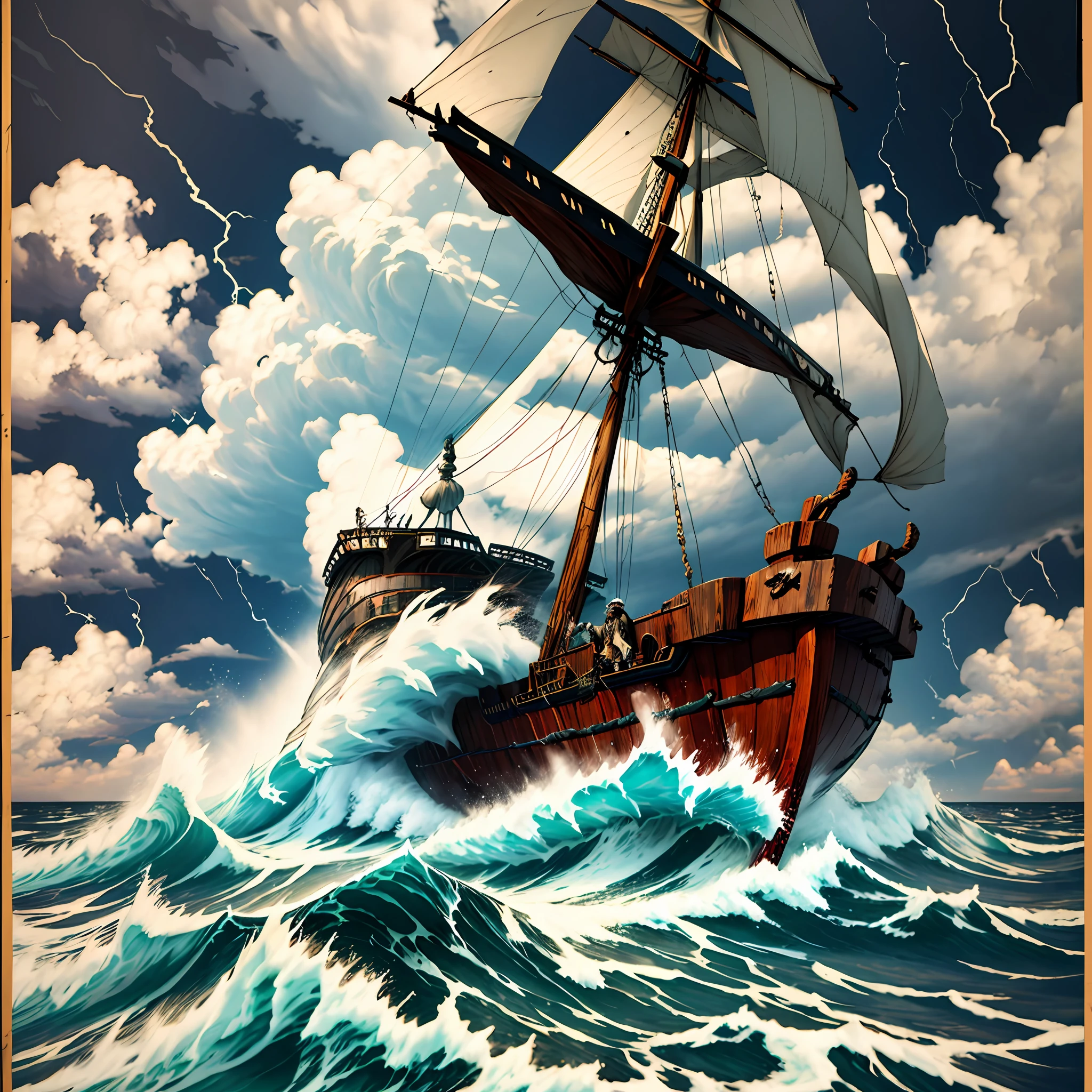 A 68-year-old man, prophet's clothes, girded, long, sad, sad look, standing, in the middle of a large wooden ship, sailors look at him, in the background storm, waves, sea.