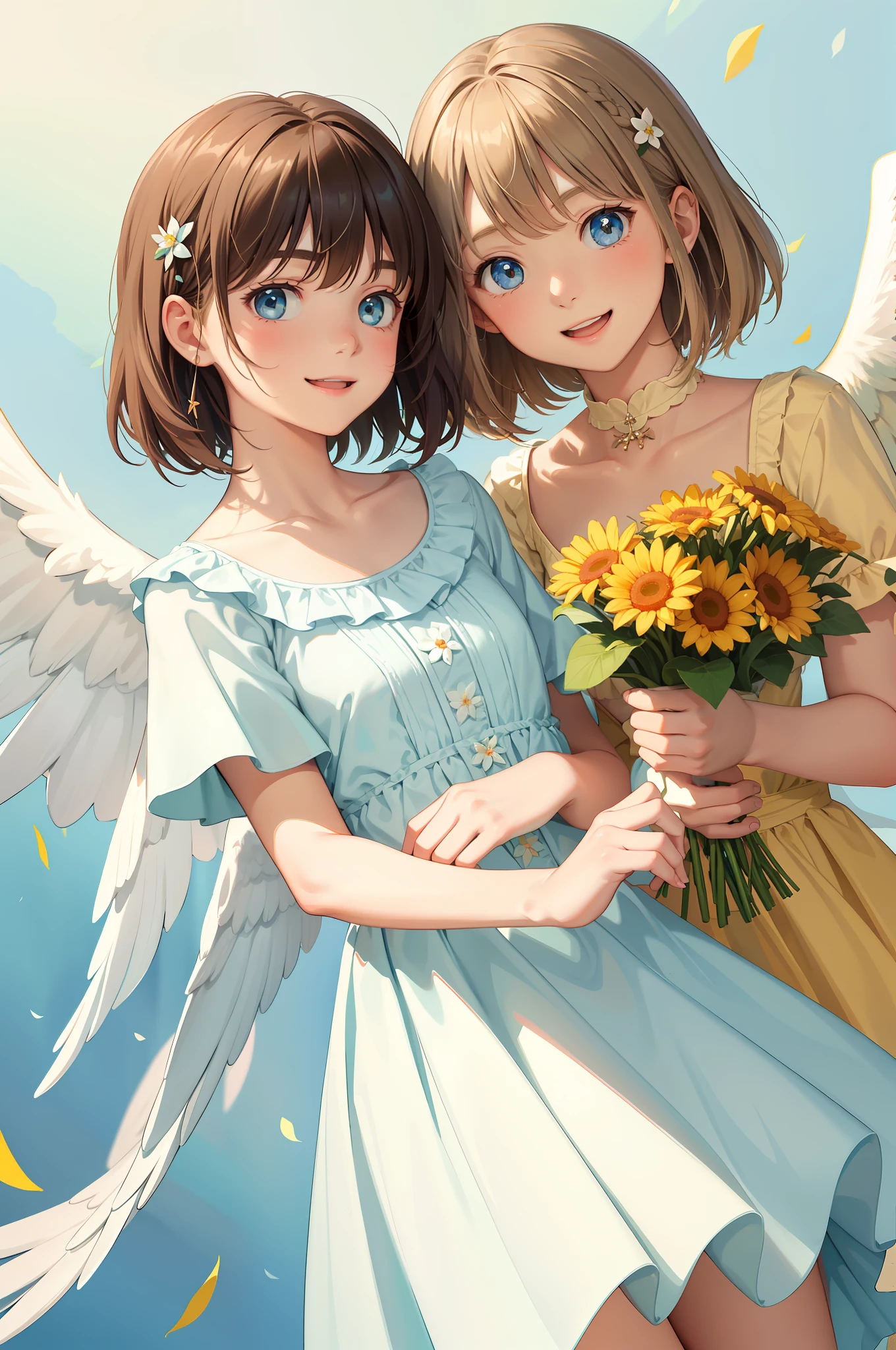Best quality, pastel painting, gentle atmosphere, twin girl angel, cute, white big wings, smiling happily, smiling with open mouth, brown short hair of different colors, one with blue eyes, one with green eyes, dress of different colors, orange dress, light blue dress, cute flower hair ornament, upper body, looking at flower garden viewer, meteor, light,