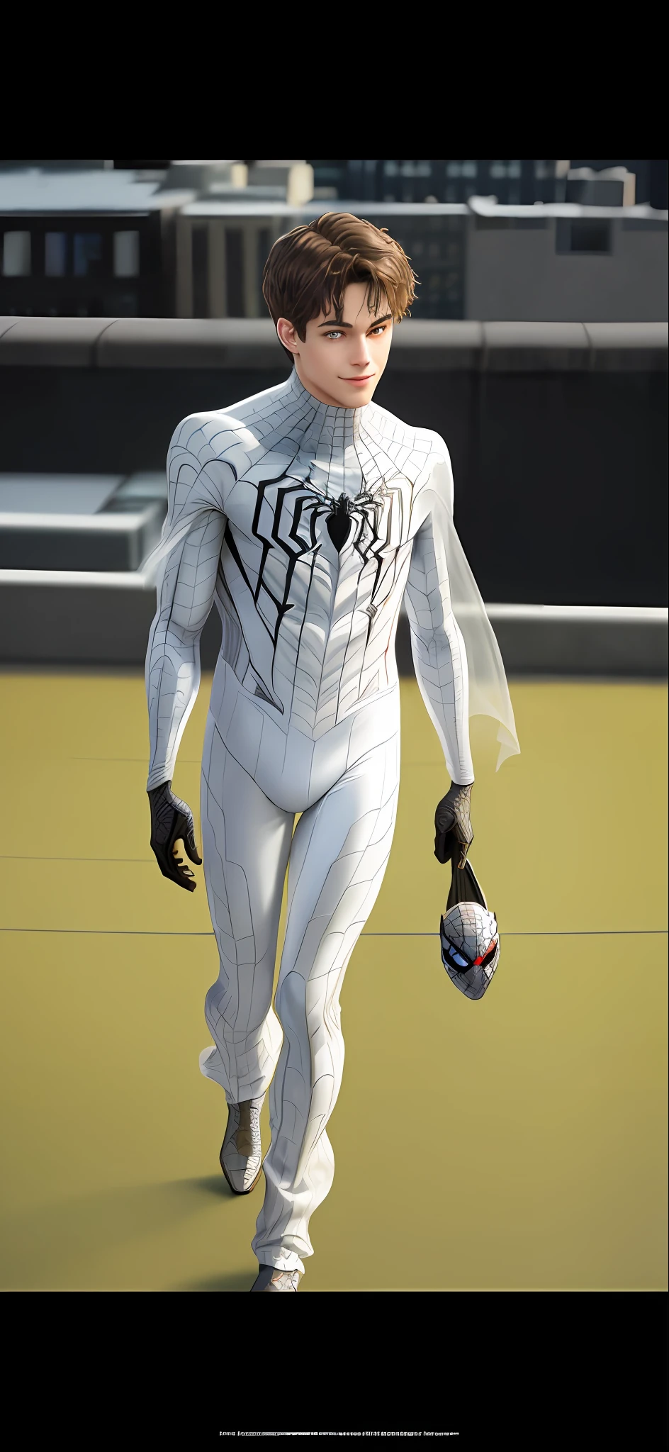 spider suit, spider web print, spider web, spider-man
Masterpiece, absurdres, fine detail, HDR, ((highly detailed face and eyes)), photorealistic,
focus on eyes,
standing on the roof of a skyscrapper, ((unmasked)), looking at viewer, smiling, short brown hair,
new york buildings background,