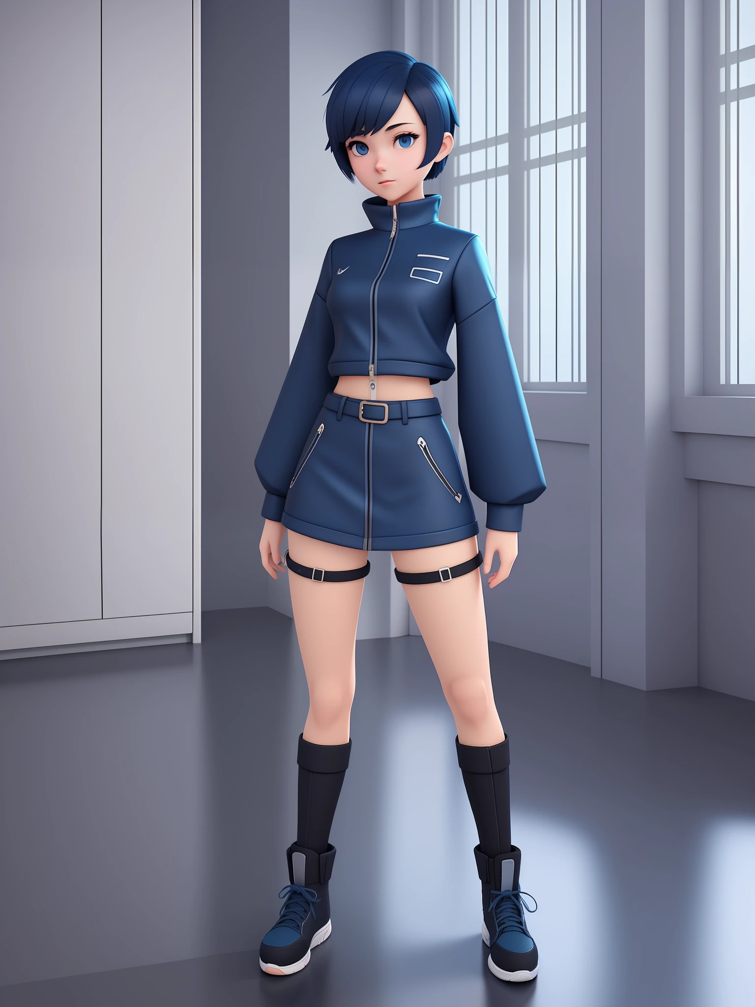 Young girl, a cartoon character light dark blue clothing, (short hair and dark blue), stylized character, animation character, stylized 3d render, 3d character, highly detailed character, stylized anime, stylized 3d, render character, character model, full body, maximum quality, selfie
