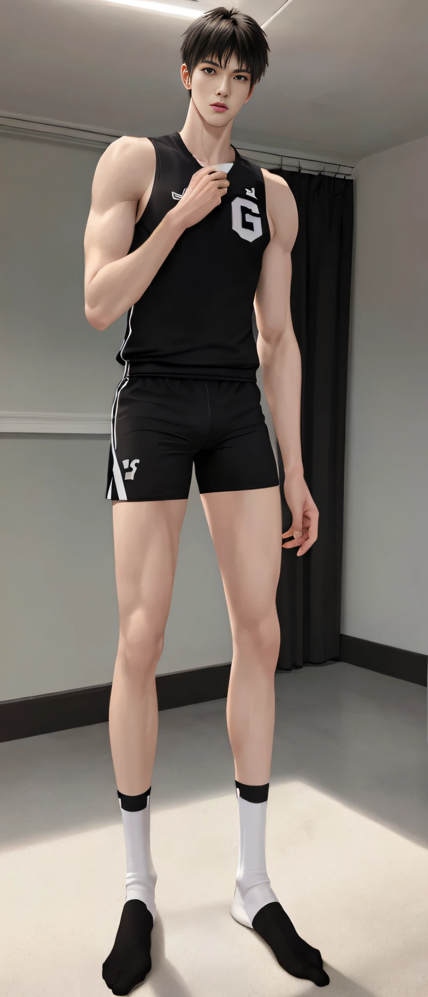 High-looking handsome boy whole body shot, 2boy, delicate light and shadow, indoors, white skin, super long legs, wide shoulders, muscular veins, slender feet, toned legs, mid-tube black basketball socks design, no shoes, sports vest, solo x1.5, pitiful expression, only draw necessary body parts, (290cm height: 1.2), (proportionally larger legs: 1.2), fitness movements, full body shot.