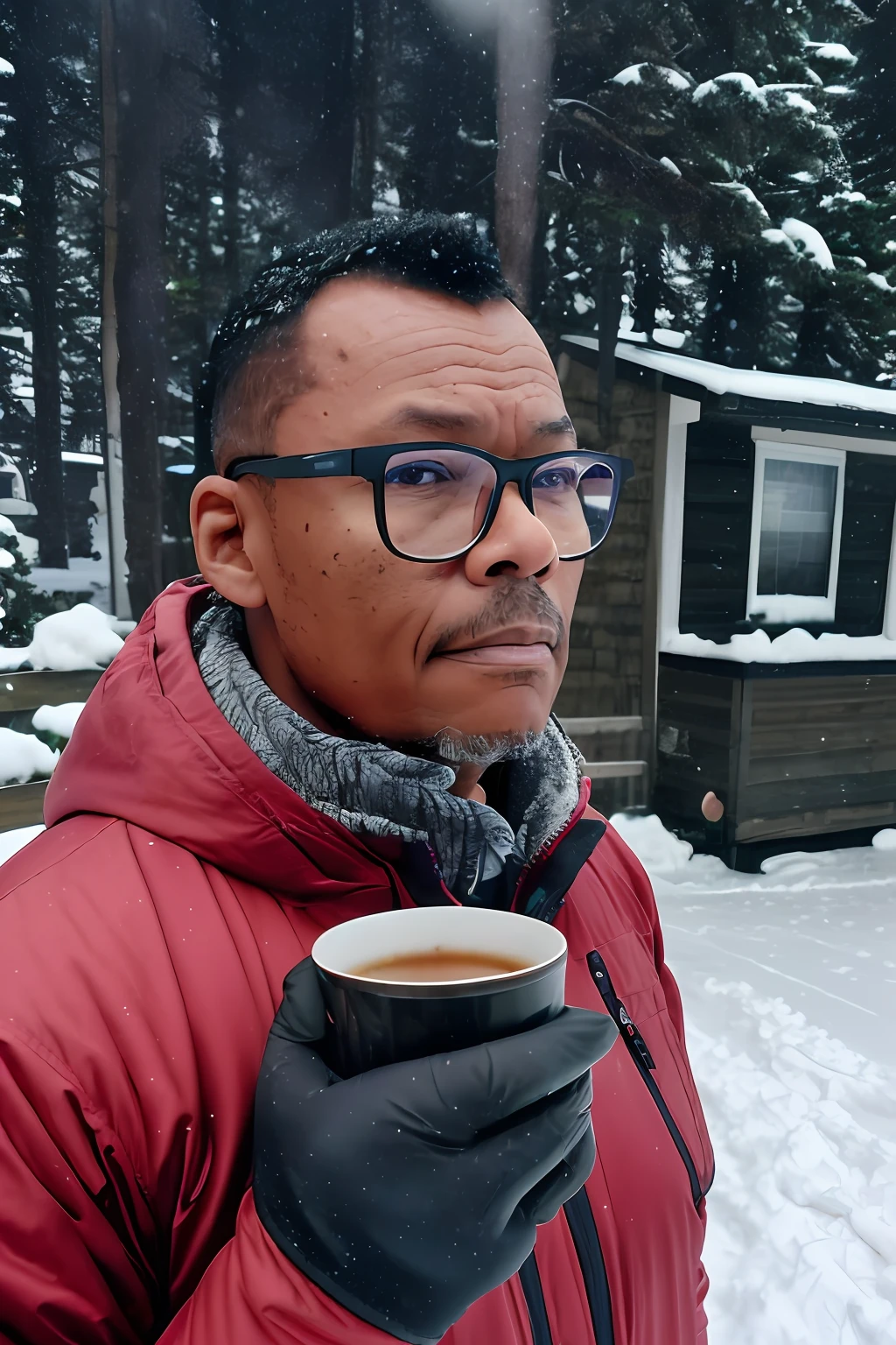 GuttonerdVision3, ultra-realistic image of a 50-year-old man wearing glasses, a sharp and detailed face and skin, holding a hot and smoky cup of tea, wearing a hooded Eskimo suit windbreaks in the snow of the North Pole