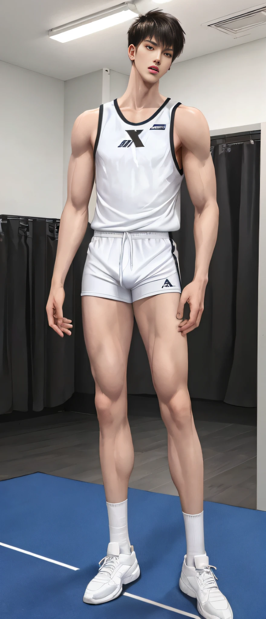 High-looking handsome boy whole body shot, 2boy, delicate light and shadow, indoors, white skin, super long legs, wide shoulders, muscular veins, slender feet, toned legs, mid-tube black basketball socks design, no shoes, sports vest, solo x1.5, pitiful expression, only draw necessary body parts, (290cm height: 1.2), (proportionally larger legs: 1.2), fitness movements, full body shot.