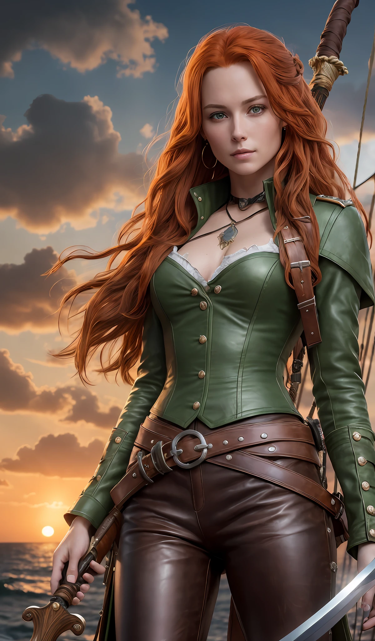 (High resolution, distinct_image) Stunning character, masterpiece, high detail, semi-realistic, long messy red hair like a woman, middle parted hair, green eyes, 22 years old, young, wearing 1801 pirate captain uniform with tight brown leather pants and black coat, ((Holding a rapier from her hilt in her belt)), detailed face, perfect eyes, (highly detailed skin:1.1), 8k, intricate, Soft lighting, Dramatic Sunrise, standing on a pirate ship, RAW, analog style, sharp focus, 8k, DSLR, high quality, Fujifilm XT3, grain, award winning, masterpiece (best quality:1.2) (detailed) (intricate) (8k) (HDR) (wallpaper) (cinematic lighting) (sharp focus) --s2