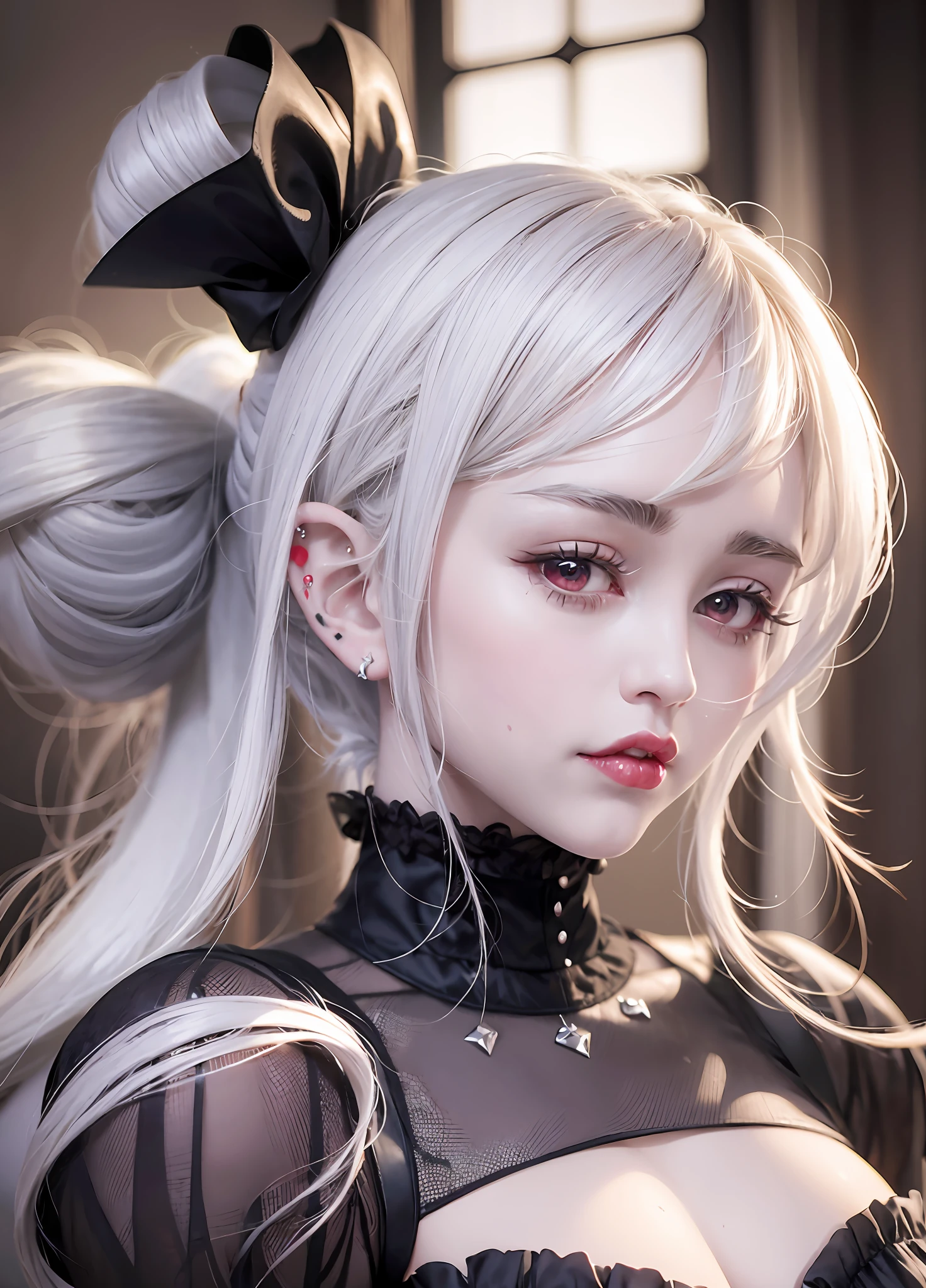 Miley Cyrus, white hair with bangs, Shalltear Bloodfallen, trending on Pixiv, cute, vampire Lolita, hair ornament, vampire fangs showing, large breasts, corset, fully clothed, kawaii