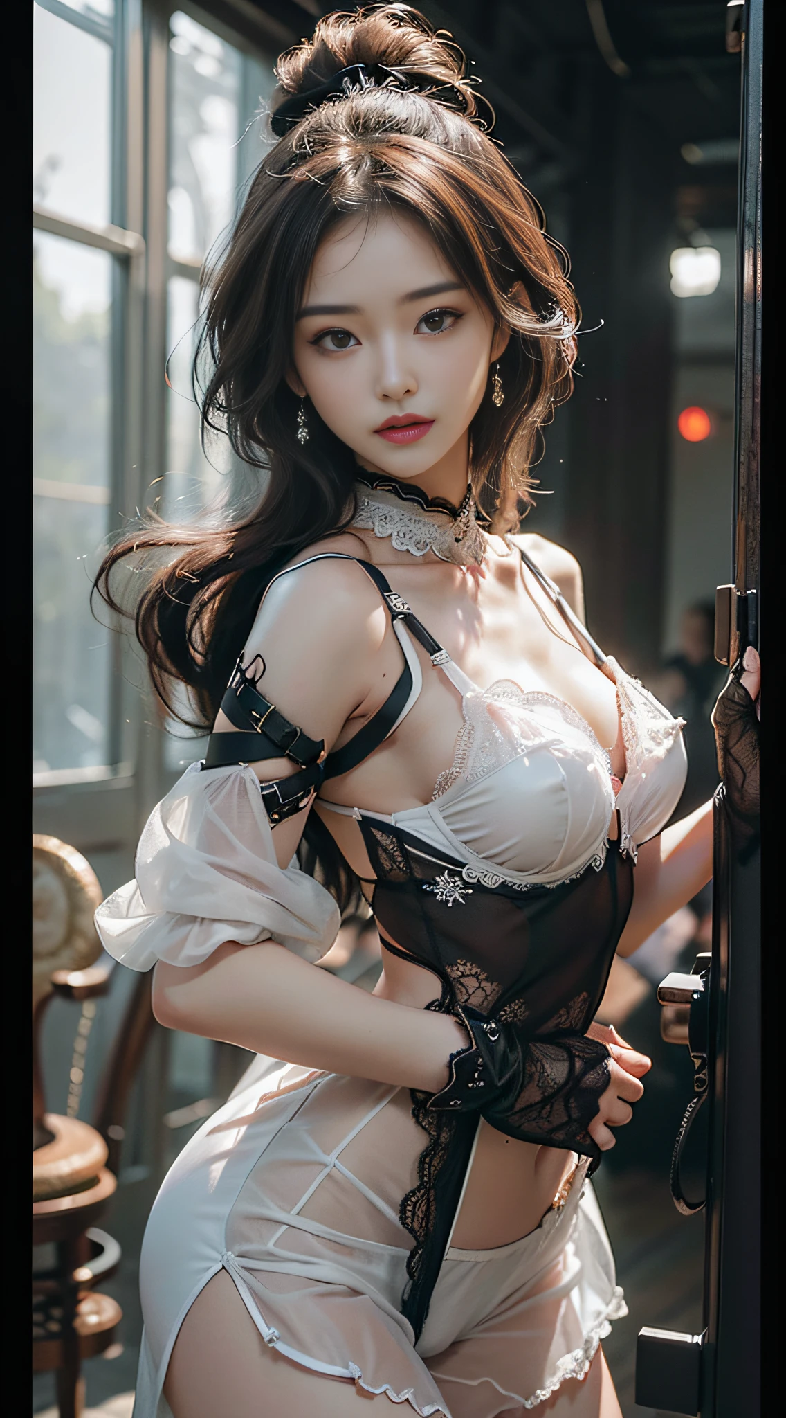 Everyone is captivated, you are the perfect and ultimate idol, you don't appear in the golden ring, the reincarnation of the most star, I love you with that smile, everyone will captivate him, the eyes are the words, even if it is a lie, it is a complete eye, ((Best Quality, 8K, Masterpiece: 1.3)), Sharp Focus: 1.2, Beautiful woman with a perfect body with 9 heads of body: 1.4, Slender abs: 1.2, One pretty woman dancing on a lit-up stage, (topless in black see-through bra: 1.3), emphasizing cleavage, lively, small ribbon on chest, devilish smile, brown hair, 20 year old cute Japan female idol, very detailed face and skin texture, detailed eyes, girl, high quality, best quality, (nsfw: 3), (nudity: 2.6), (bright eyes, Sexy bumps of big breasts, High detail, Realism, High resolution, 4K, Curated, Anatomically correct, (nude: 3), (nsfw: 5), slim figure, high detail, realism, high resolution, anatomically correct, live-action masterpiece, ultra hd, high quality, best quality, high definition, (portrait: 1.5) (nude: 2.5), High Detail, Realism, Curated, Anatomically Correct, Blurred Background, Rich Color, Fine Detail, Surreal, 50mm Lens, Portrait Photography, 35mm Film, Natural Blur, (Chest with bumps: 1.5),