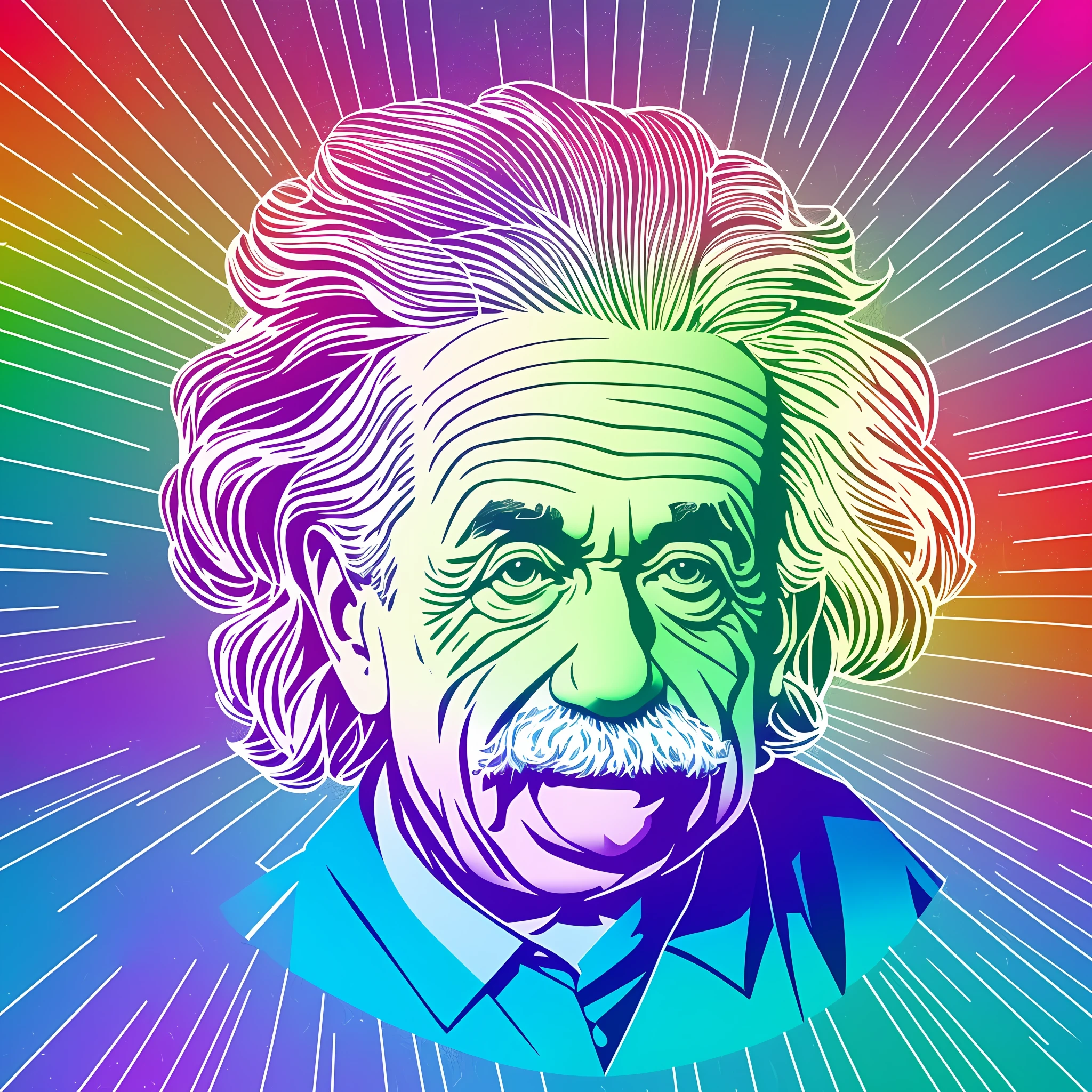 T-shirt graphic design art, flat design of a retro, Albert Einstein face showing tongue, colorful tones, highly detailed cleanliness, vector image, photorealistic masterpiece, professional photography, flat white background, isometric, vibrant vector ((colored background)) --auto --s2