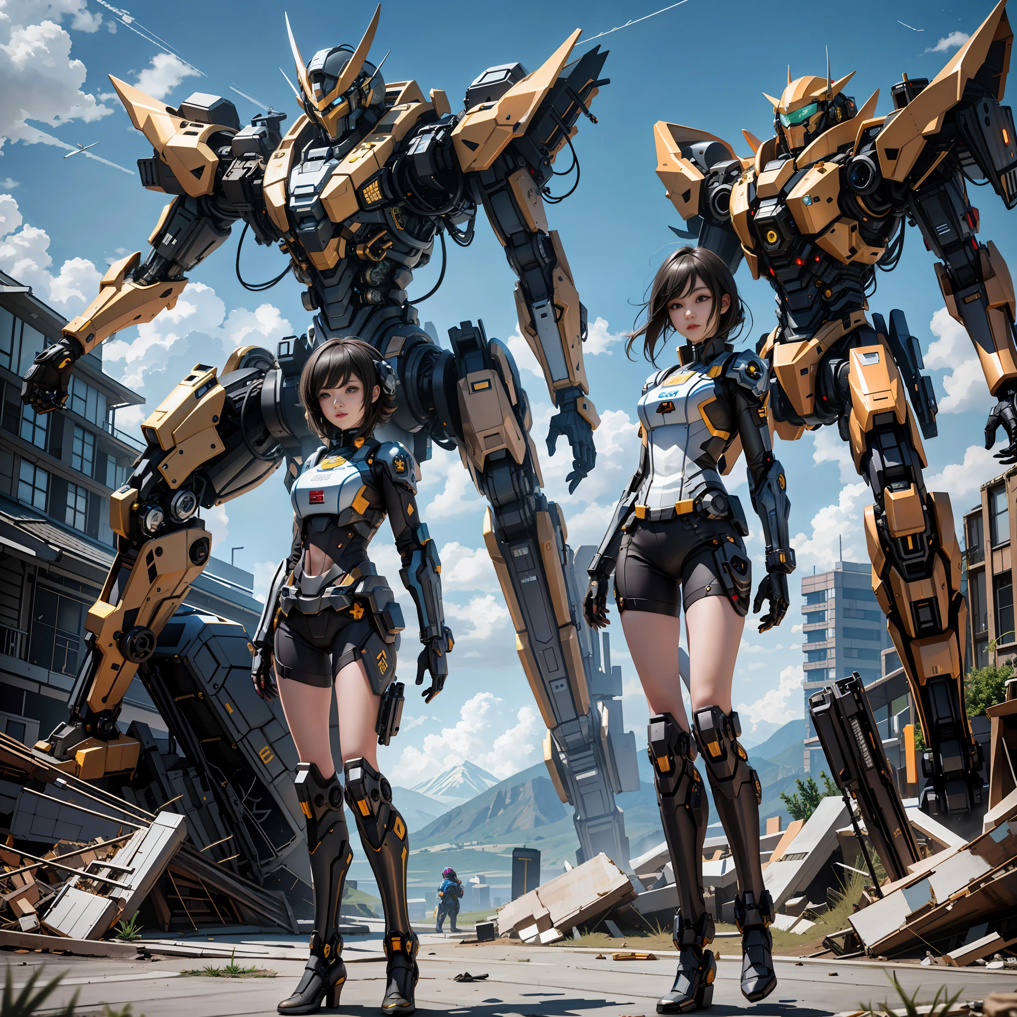 ((Best quality)), ((masterpiece)), (highly detailed:1.3), 3D,Shitu-mecha, beautiful cyberpunk women with her mecha in the ruins of city from a forgoten war, ancient technology,HDR (High Dynamic Range),Ray Tracing,NVIDIA RTX,Super-Resolution,Unreal 5,Subsurface scattering,PBR Texturing,Post-processing,Anisotropic Filtering,Depth-of-field,Maximum clarity and sharpness,Multi-layered textures,Albedo and Specular maps,Surface shading,Accurate simulation of light-material interaction,Perfect proportions,Octane Render,Two-tone lighting,Low ISO,White balance,Rule of thirds,Wide aperature,8K RAW,Efficient Sub-Pixel,sub-pixel convolution,luminescent particles,light scattering,Tyndall effect