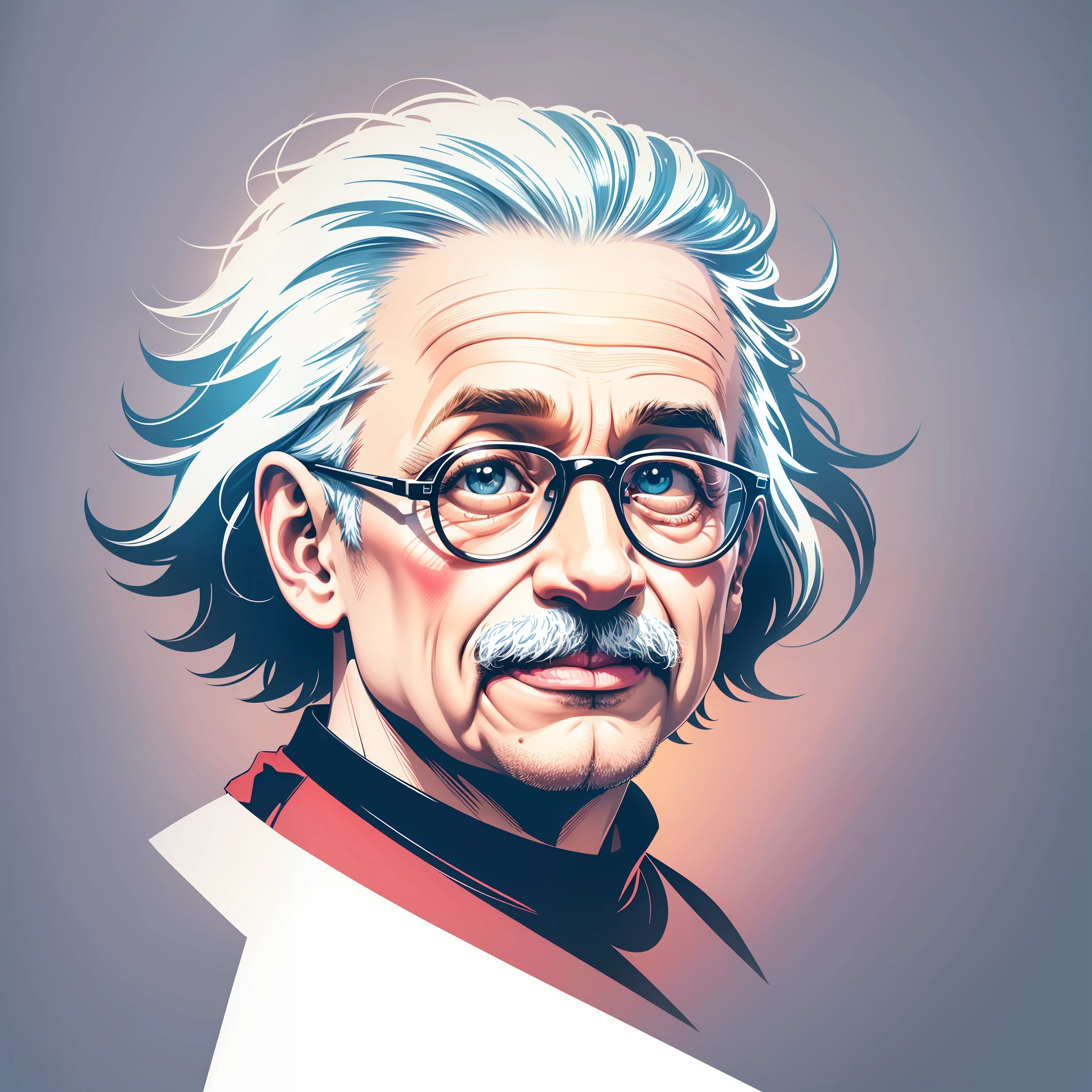 artwork of t-shirt graphic design, flat design of one retro, Albert Einstein face, colorful shades, highly detailed clean, vector image, photorealistic masterpiece, professional photography, realistic car, simple sunrise backdrop for car, flat white background, isometric, vibrant vector ((white background))