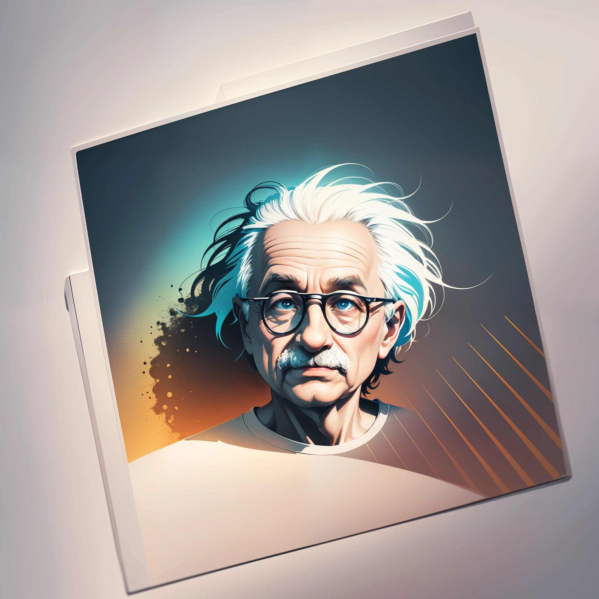 artwork of t-shirt graphic design, flat design of one retro, Albert Einstein face, colorful shades, highly detailed clean, vector image, photorealistic masterpiece, professional photography, realistic car, simple sunrise backdrop for car, flat white background, isometric, vibrant vector ((white background))