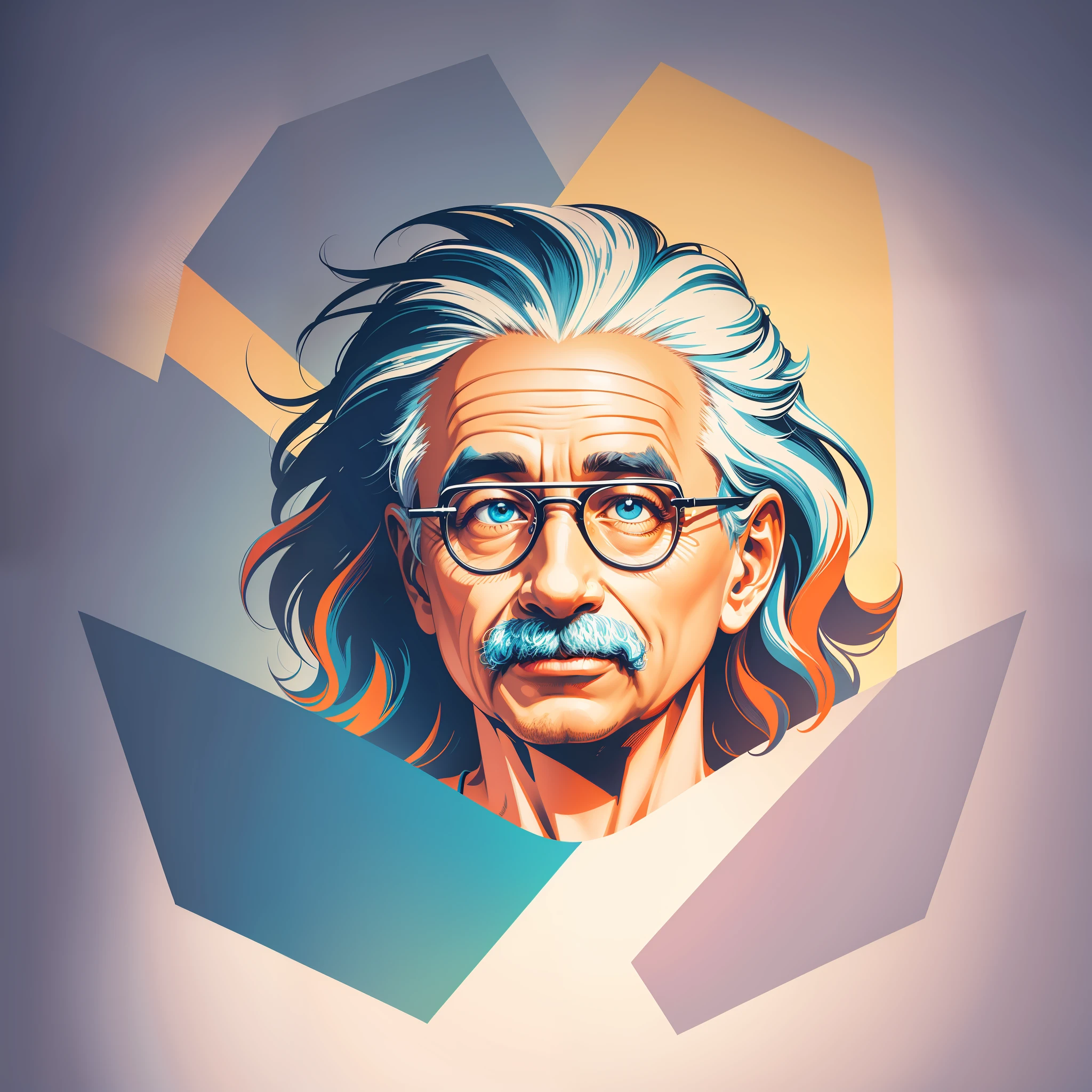 artwork of t-shirt graphic design, flat design of one retro, Albert Einstein face, colorful shades, highly detailed clean, vector image, photorealistic masterpiece, professional photography, realistic car, simple sunrise backdrop for car, flat white background, isometric, vibrant vector ((white background))
