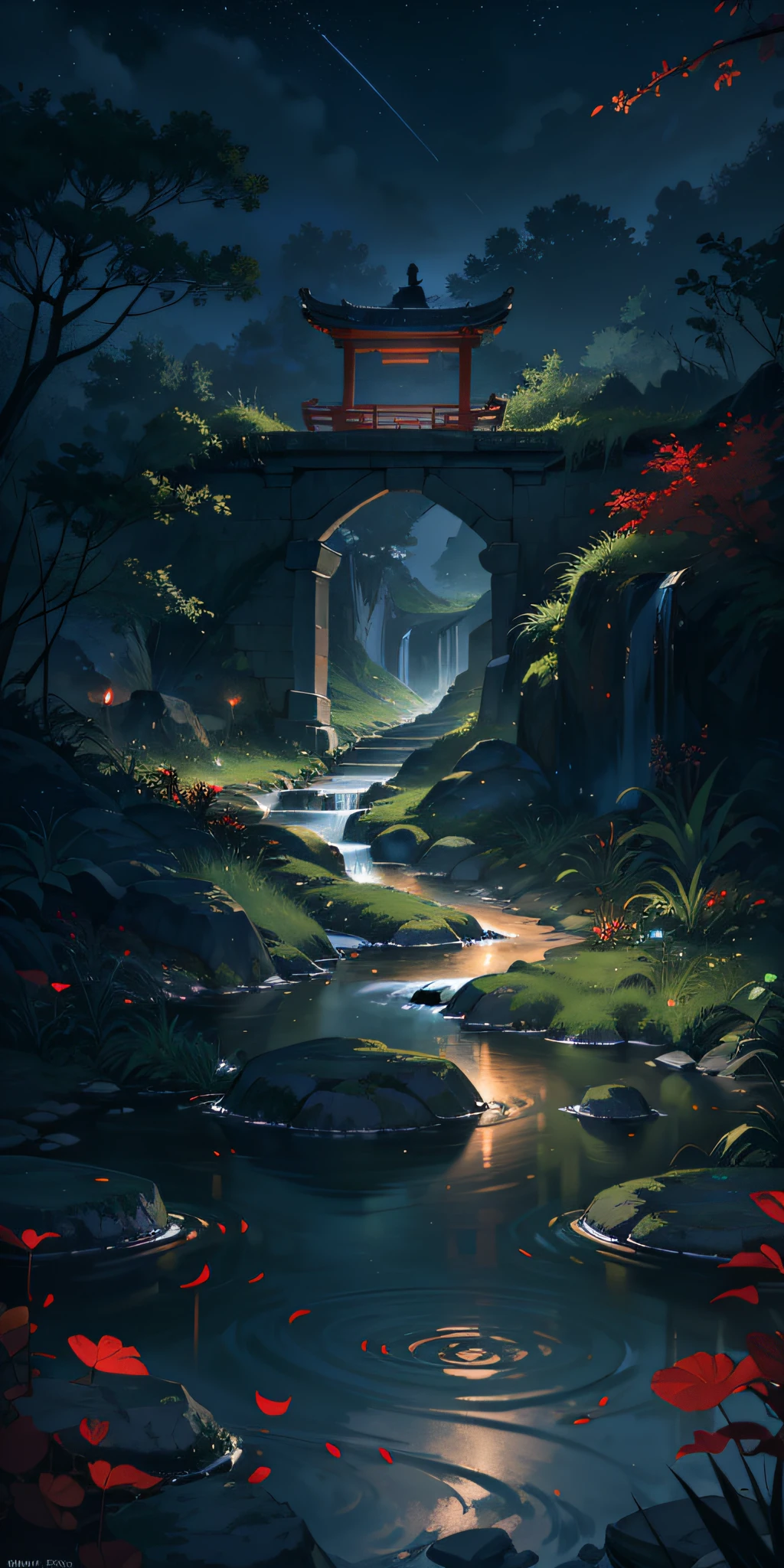 Masterpiece, best quality, (very detailed CG unity 8k wallpaper), (best quality), (best illustration), (best shadows), luminous sprite, mountain stream, (ancient Chinese architecture), stream, clear water near the lake, natural elements in a forest theme. Night Mysterious Forest, beautiful night forest, lotuses in the water, stone steps, stone bridge, night nature surrounded by night flowers, leaves and red branches surrounded by fireflies (natural elements), (night blackout), (night dark sky), (night jungle theme), (red glowing grass), (leaves), (branches), (red fireflies), (particle effects), 3D, dark background, Octane rendering, ray tracing, super detail, night, moon