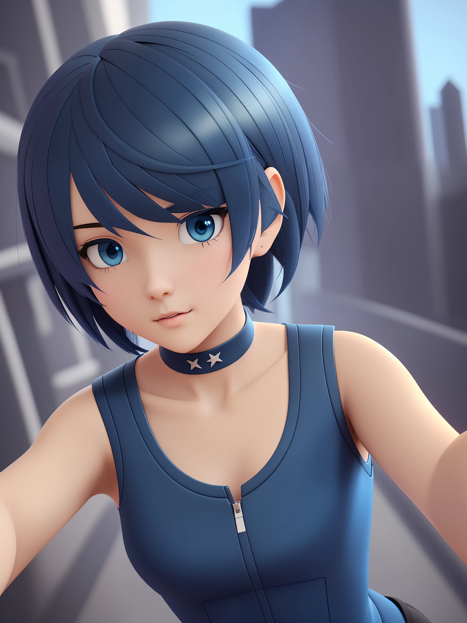 Young girl, a cartoon character light dark blue clothing, (short hair and dark blue), stylized character, animation character, stylized 3d render, 3d character, highly detailed character, stylized anime, stylized 3d, render character, character model, full body, maximum quality, selfie