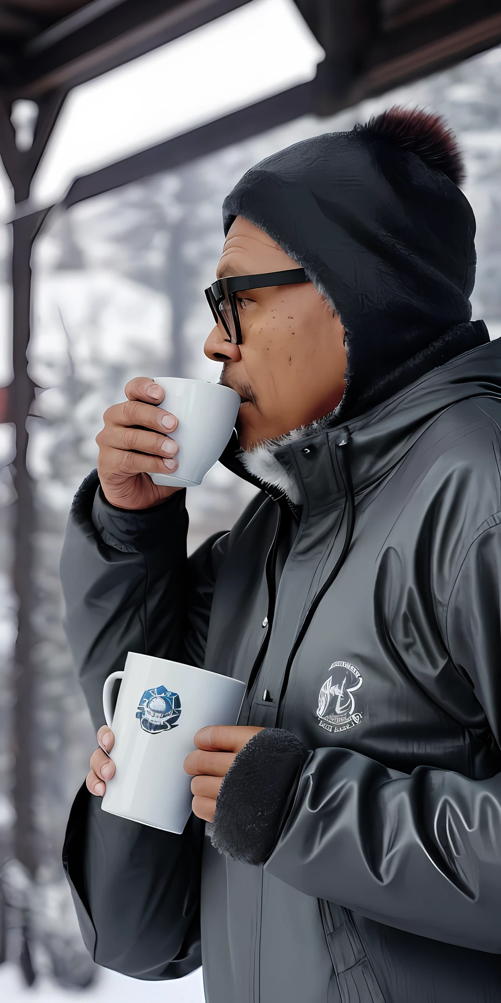 guttonerdvision3, ultra-realistic image of a 50-year-old man wearing glasses, a sharp and detailed face and skin, holding a hot, smoky cup of tea, wearing windbreaker hooded Eskimo clothing with fur edges, rm a snowstorm from the North Pole