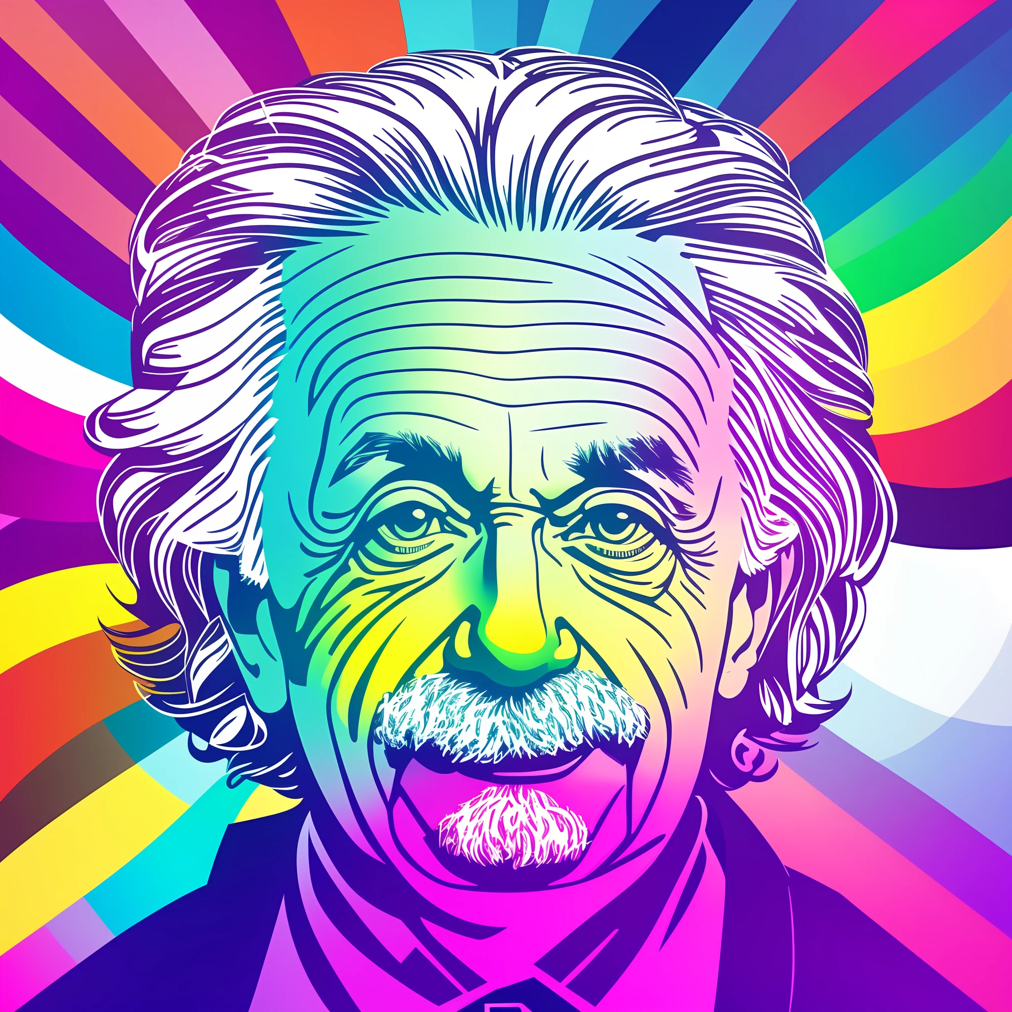 T-shirt graphic design art, flat design of a retro, Albert Einstein face showing tongue, colorful tones, highly detailed cleanliness, vector image, photorealistic masterpiece, professional photography, flat white background, isometric, vibrant vector ((colored background)) --auto --s2