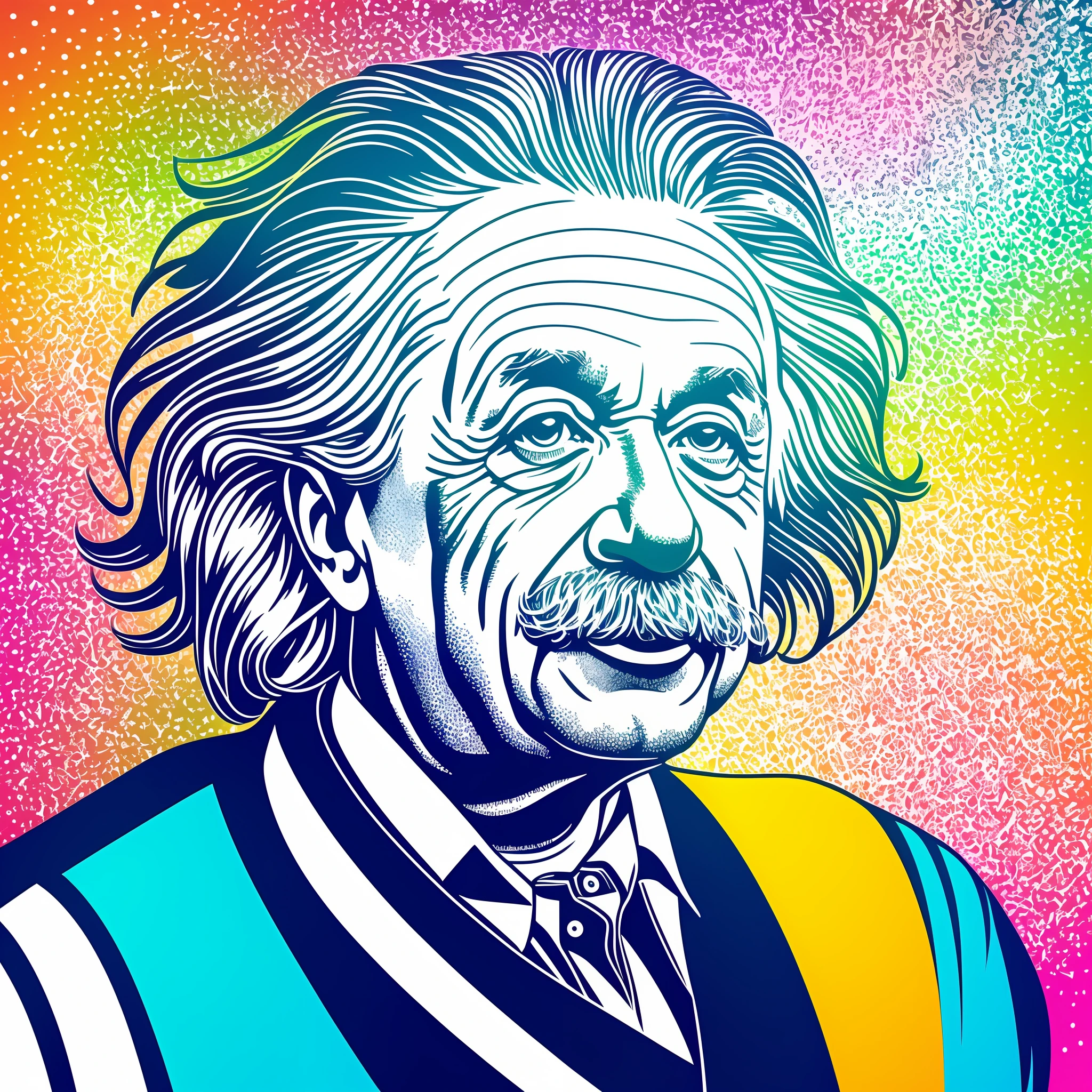 T-shirt graphic design art, flat design of a retro, Albert Einstein face showing tongue, colorful tones, highly detailed cleanliness, vector image, photorealistic masterpiece, professional photography, flat white background, isometric, vibrant vector ((colored background)) --auto --s2