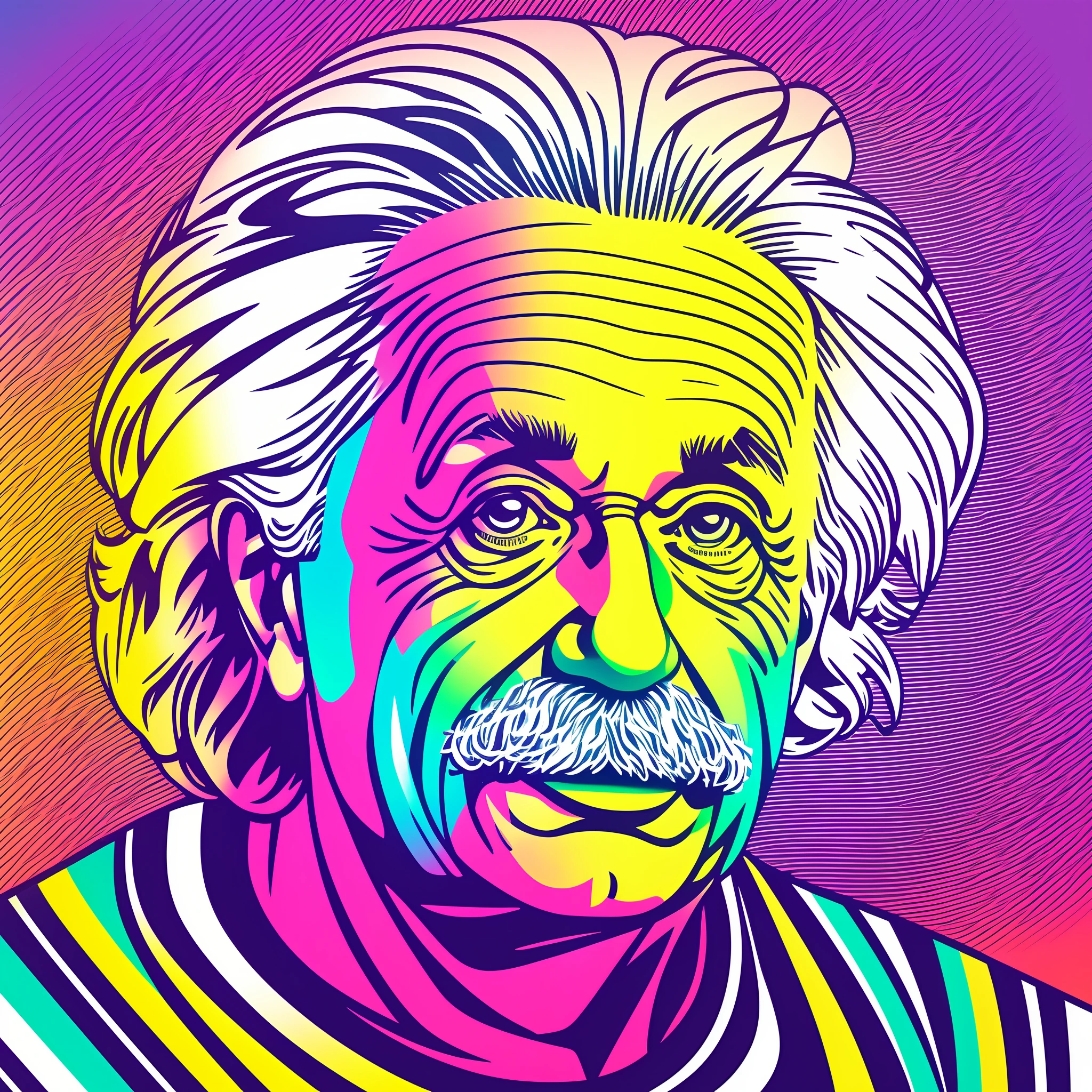 T-shirt graphic design art, flat design of a retro, Albert Einstein face showing tongue, colorful tones, highly detailed cleanliness, vector image, photorealistic masterpiece, professional photography, flat white background, isometric, vibrant vector ((colored background)) --auto --s2