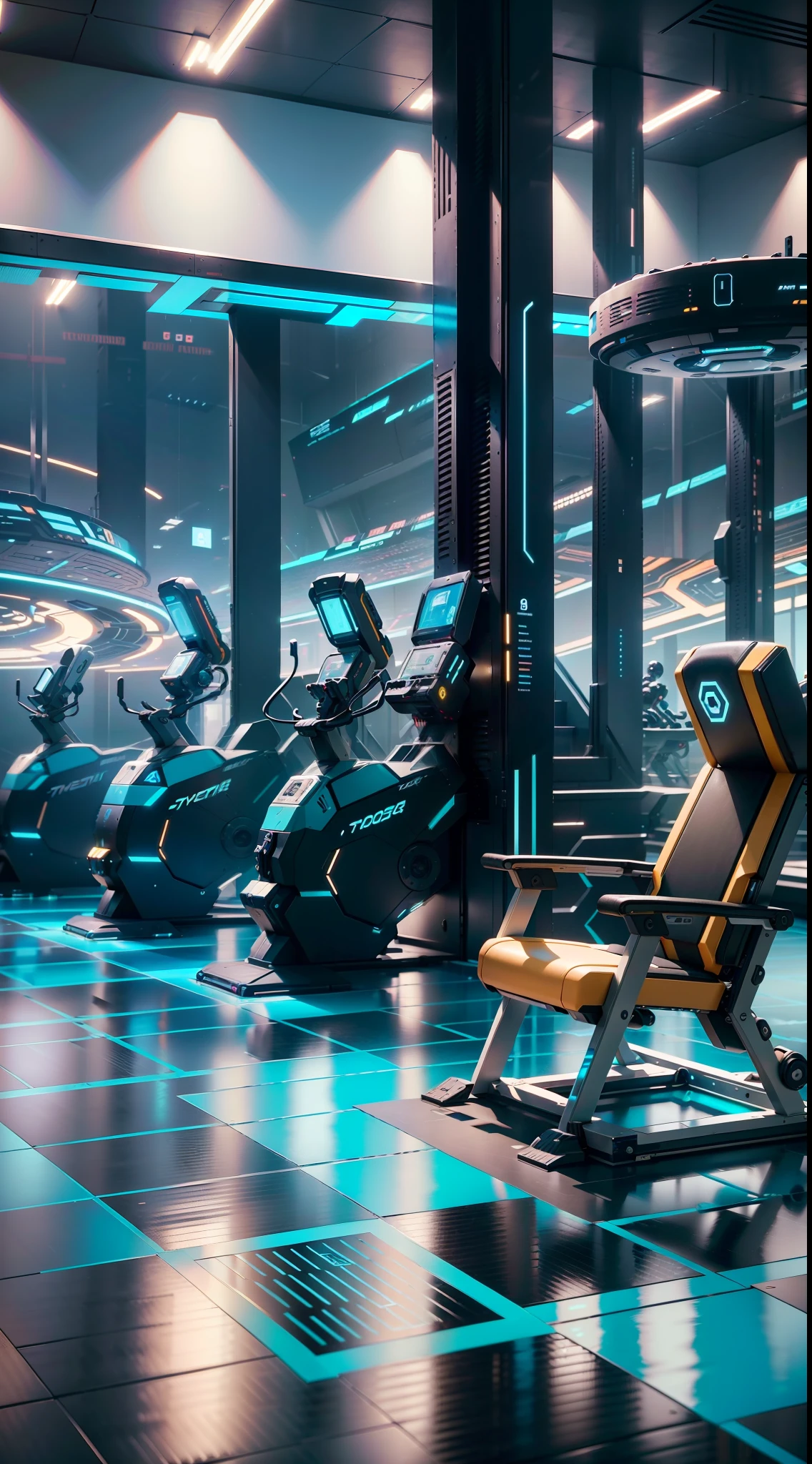 Gym of the future, where gravity is adjustable and machines float in the air. The walls and floor are composed of holographic panels that show ever-changing virtual landscapes. Electronic music envelops the space, while robotic training drones monitor and provide personalized assistance. ((masterpiece, 8k, realistic, creative, hyperrealistic, futuristic, detailed,))