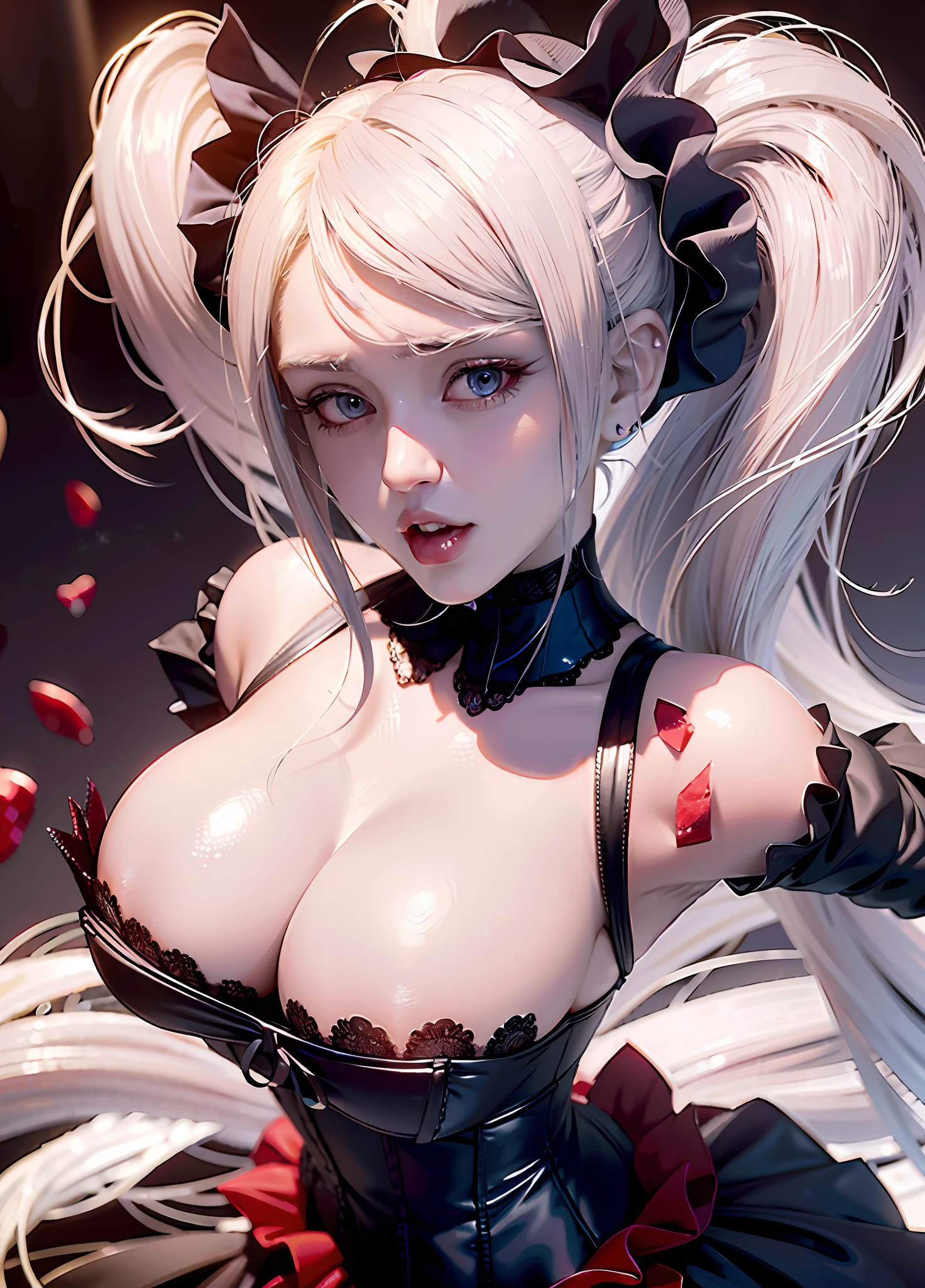 Miley Cyrus, white hair with bangs, Shalltear Bloodfallen, trending on Pixiv, cute, vampire ta, hair ornament, vampire fangs showing, large breasts, corset, fully clothed, kawaii