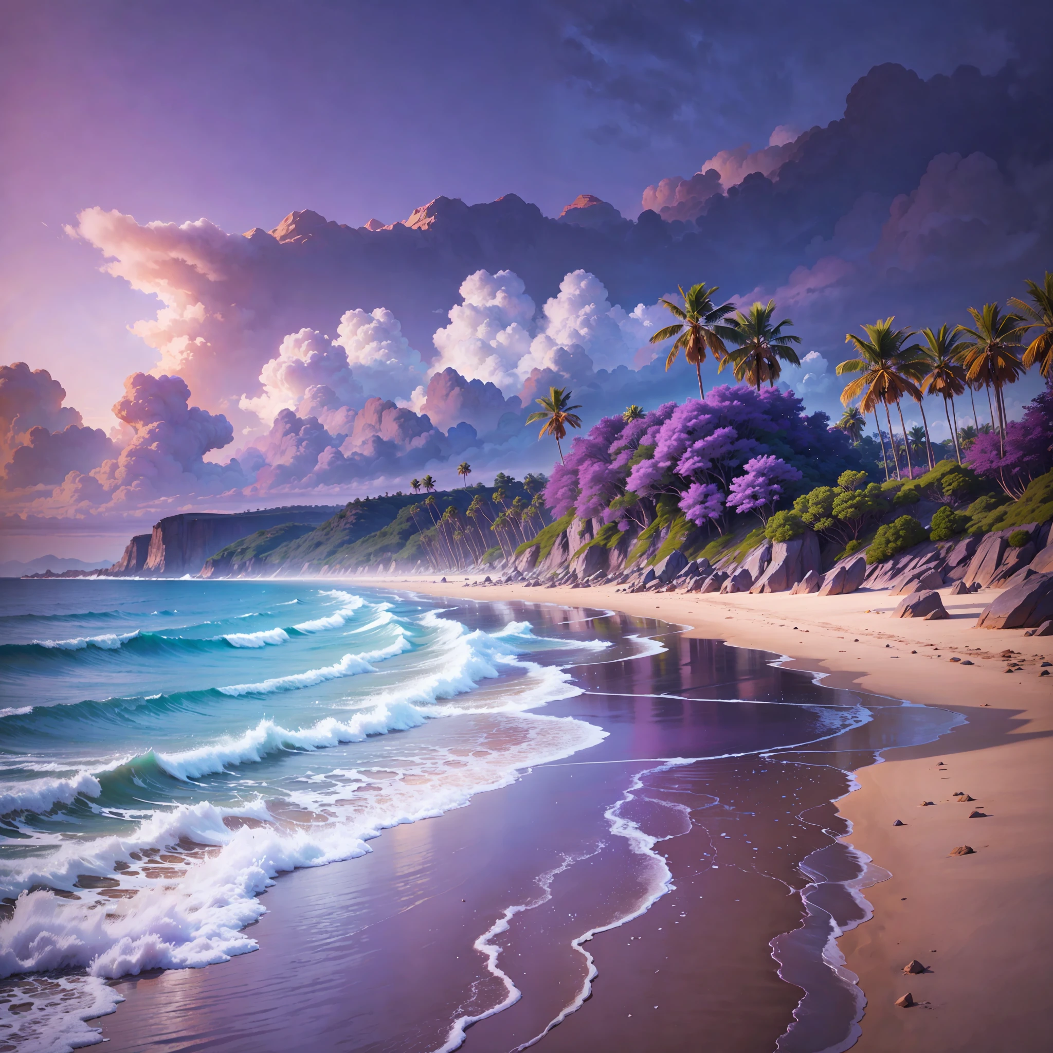 A stunning landscape on the beach with lots of purple color, masterpiece, 3d High quality