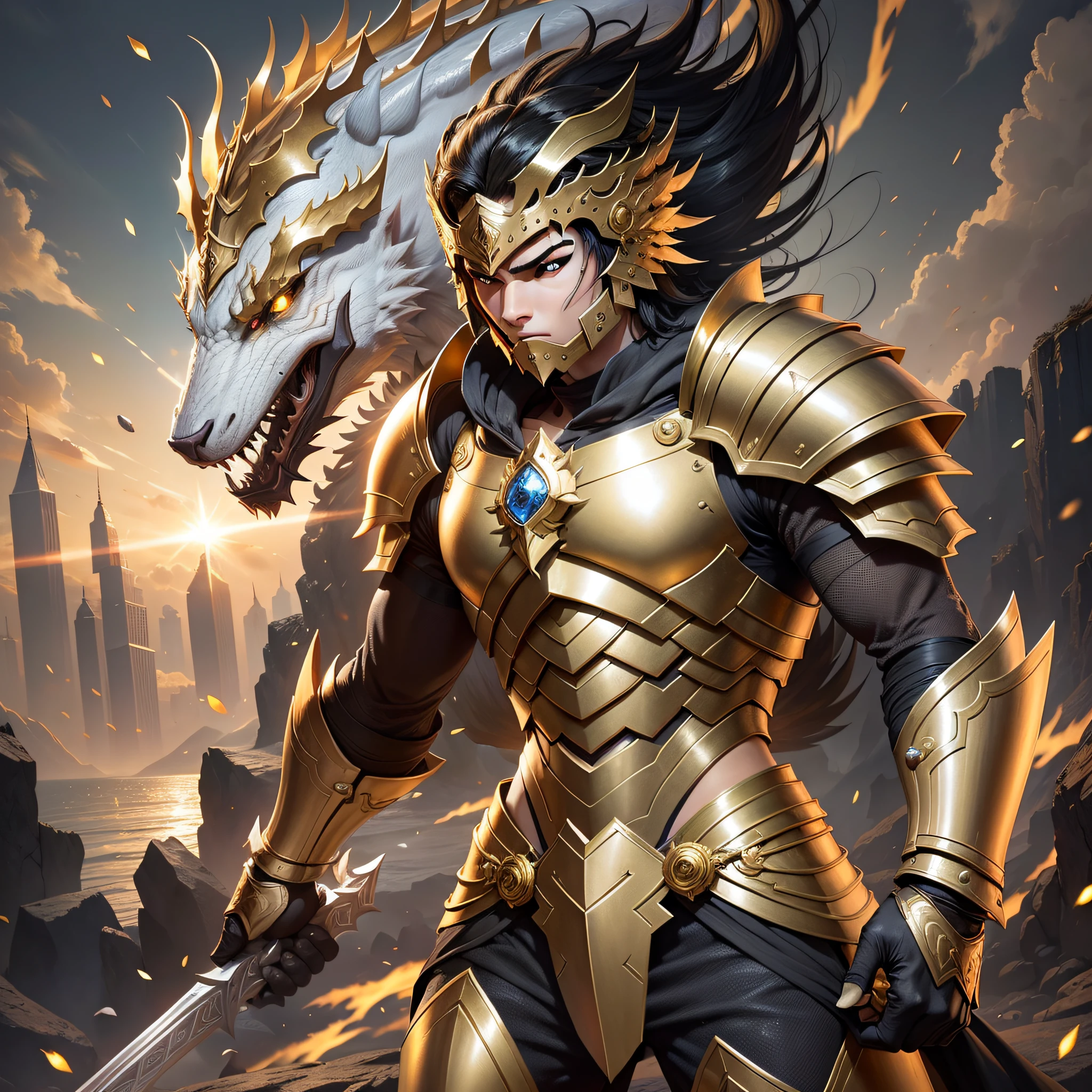 Warrior -yeld mawith black hair, silver armor with gold, transforming into golden dragon