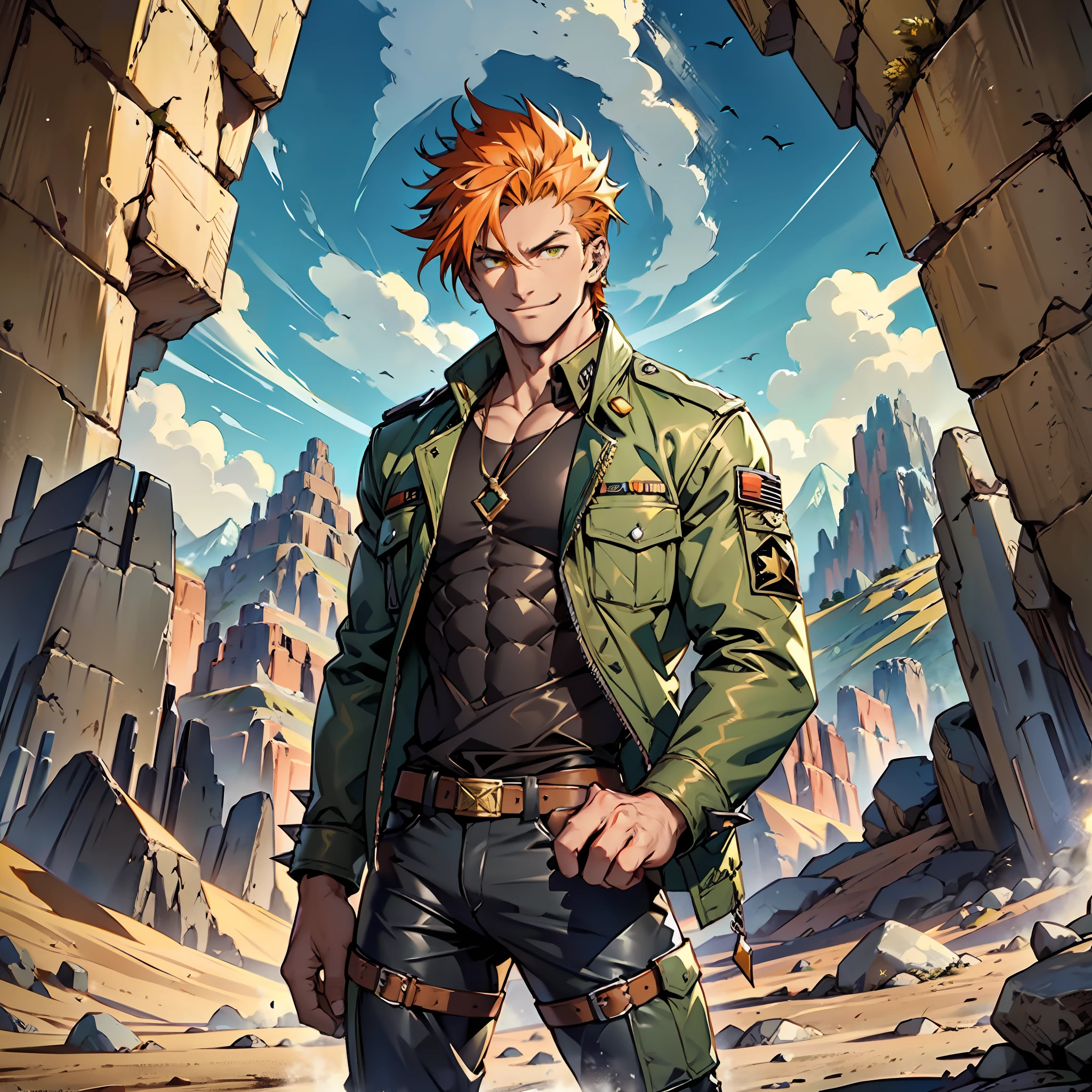 Muscular man, defined body, gold rings on all fingers, light blue colored gangster jacket, black shirt underneath jacket, long army pants of green color, military boots of brown color, evil smile, spiky orange hair, messy hair, short hair, yellow colored eyes, desert scenery with great mountains, scenery with monsters around.