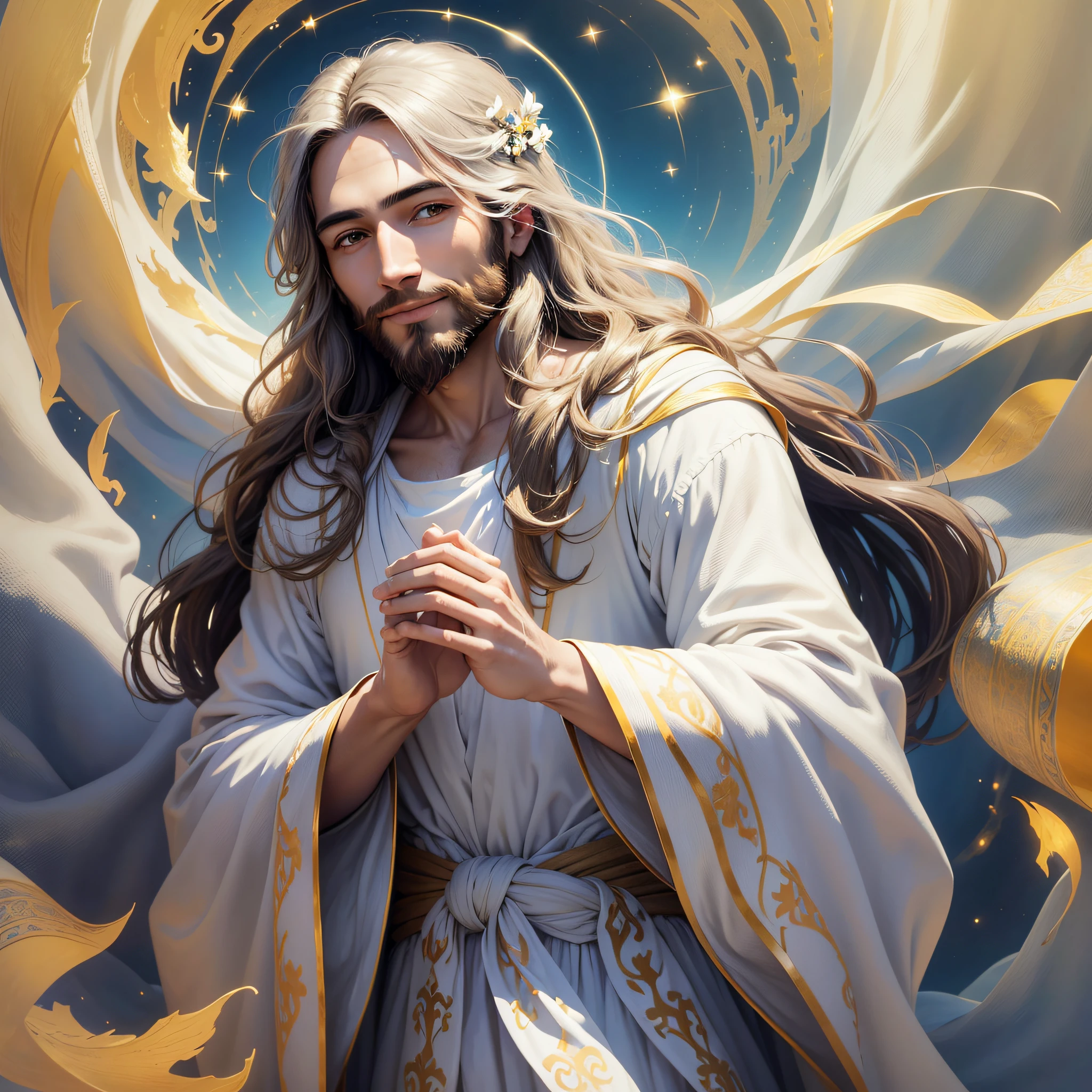 An extremely vivid and illuminated portrayal of Jesus with warm and radiant smile, wearing a white flowing robe, glimmering golden light and subtle glow softly emanating from him, surrounded by blue skies and pristine clouds, amidst gentle and peaceful ambience. --auto --s2