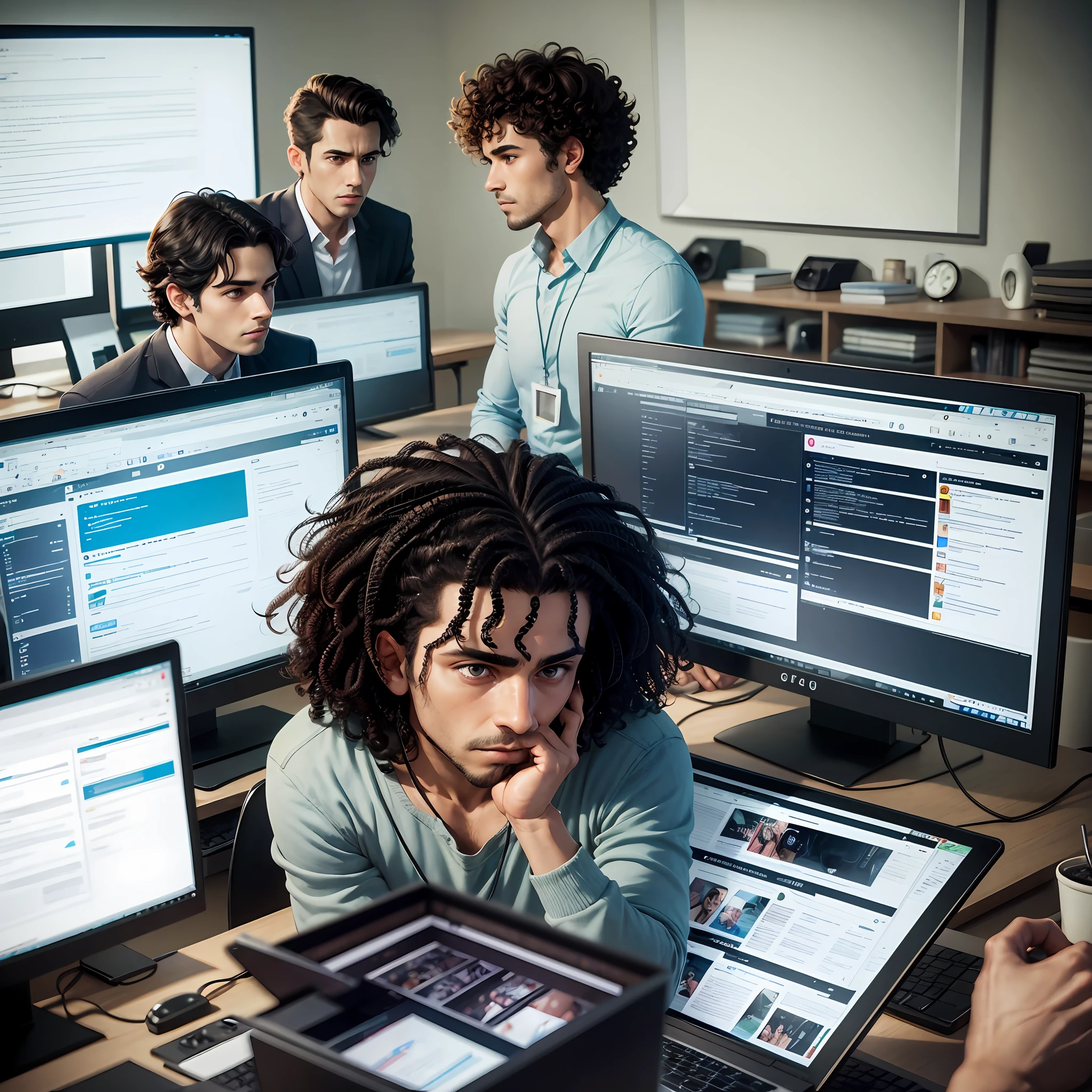 people in a room looking at the computer with multiple screens and different programs being presented by a man with short, curly dark hair --auto --s2