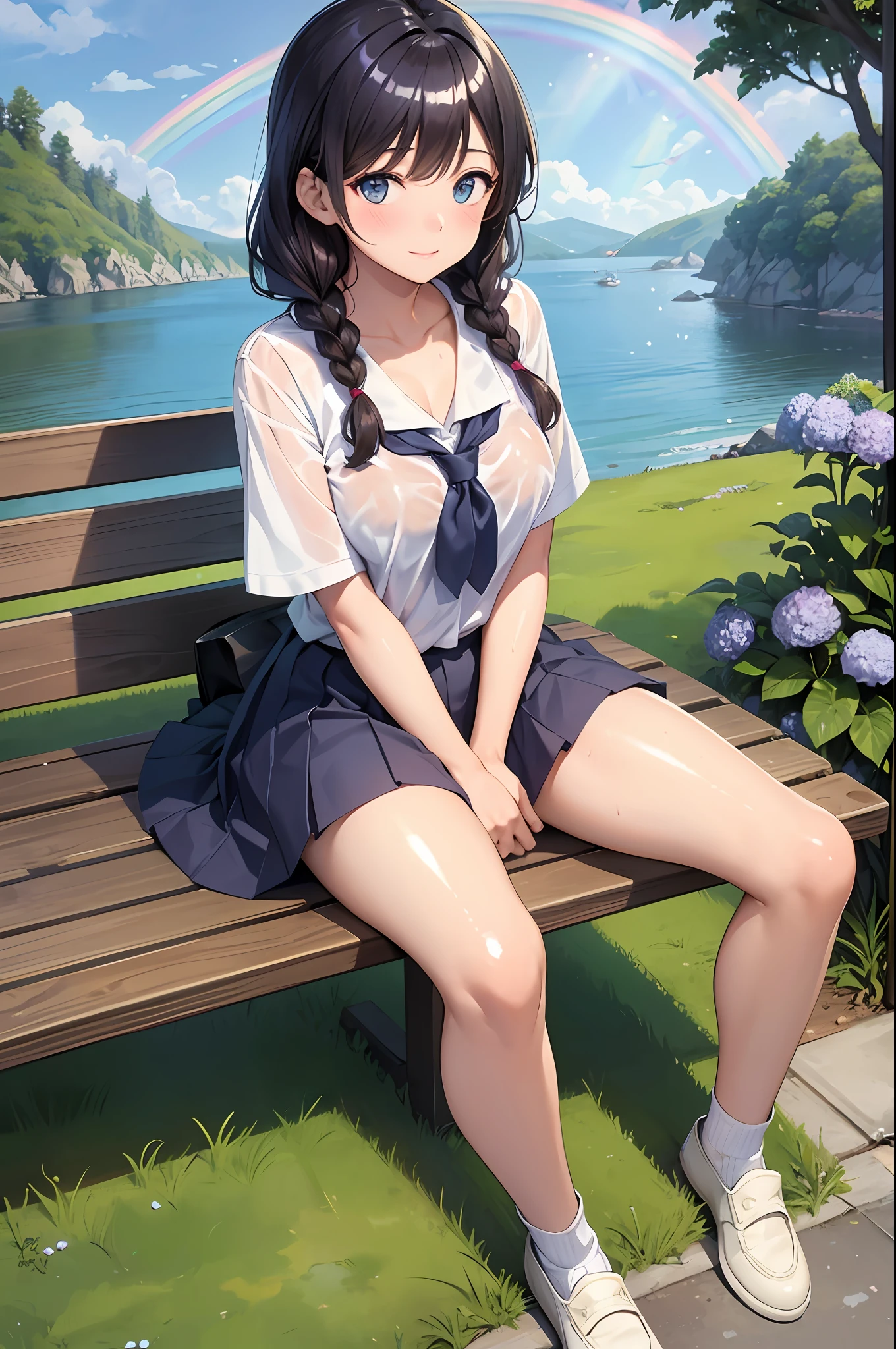 ((masterpiece, best quality)),beautiful highly detailed,8k wallpaper, 1girl, (shiny skin:1.5), plump, collarbone, teen, large breasts, aqua eyes,(extremely detailed eyes:1.5), shy smile, blush,embarrassed, brown hair, medium hair, straight hair,bangs, twin braids,hairclip, (summer school_uniform:1.2), pleated_skirt,socks,loafers,((sitting on bench)), (spread legs), cameltoe, leaning back,(wet clothes:1.1),short sleeve,full body, looking at viewer,from_below,wet skin, wet hair,(shiny hair:1.5),hand in hair, outdoors, cloud,sunlight,(rainbow:1.2),sky after rain,hydrangea,leaf with water droplets,looking_down,town,cinematic composition,dutch angle,