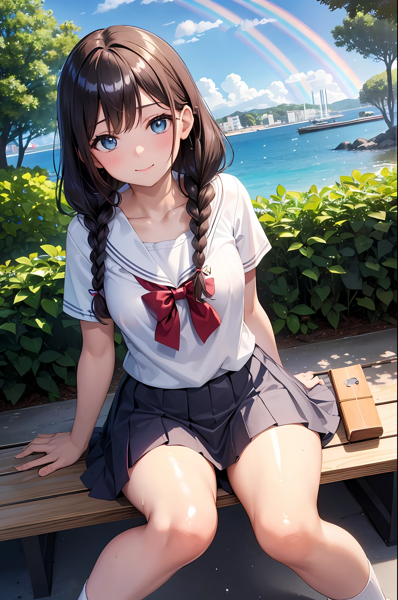 ((masterpiece, best quality)),beautiful highly detailed,8k wallpaper, 1girl, (shiny skin:1.5), plump, collarbone, , large breasts, aqua eyes,(extremely detailed eyes:1.5), shy smile, blush,embarrassed, brown hair, medium hair, straight hair,bangs, twin braids,hairclip, (summer school_uniform:1.2), pleated_skirt,socks,loafers,((sitting on bench)), (spread legs), cameltoe, leaning back,(wet clothes:1.1),short sleeve,full body, looking at viewer,from_below,wet skin, wet hair,(shiny hair:1.5),hand in hair, outdoors, cloud,sunlight,(rainbow:1.2),sky after rain,hydrangea,leaf with water droplets,looking_down,town,cinematic composition,dutch angle,