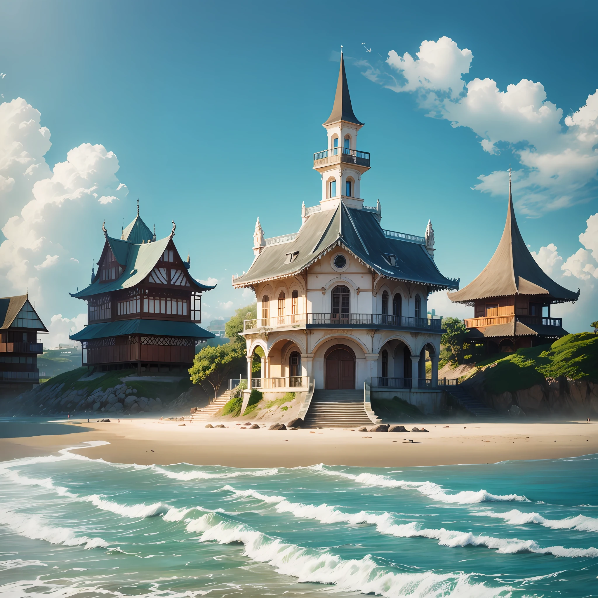 Architecture of Lemuiria with sea and beach, mist. --auto --s2