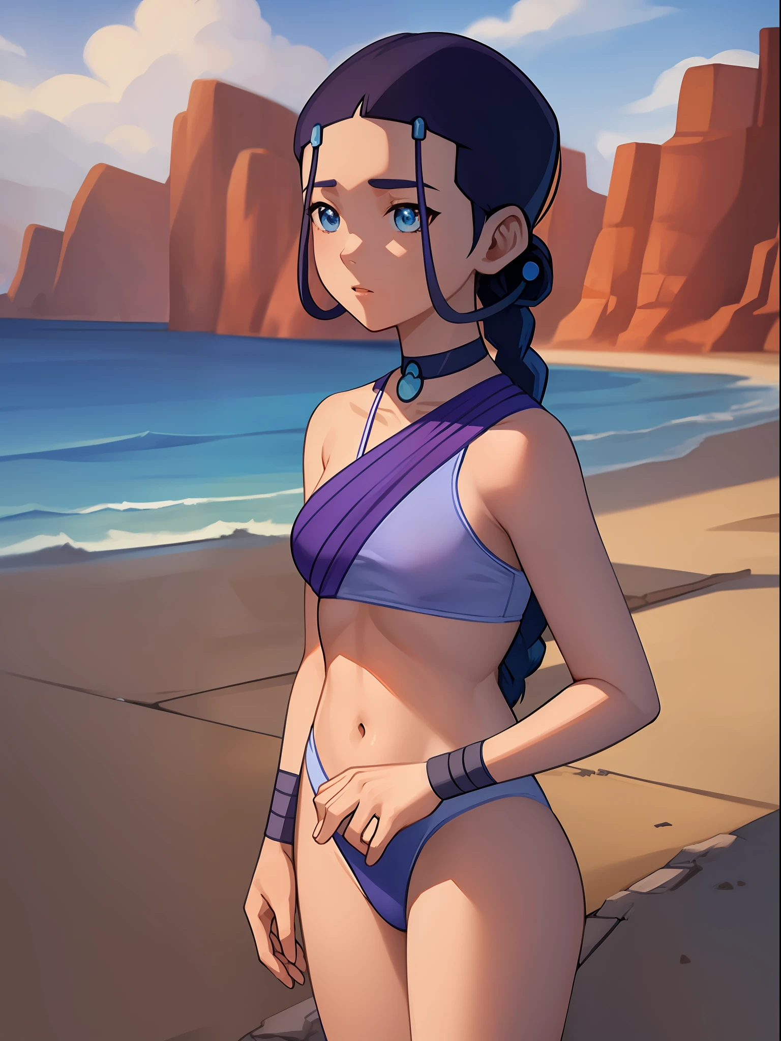 6K, high quality, masterpiece, textured skin, super detail, high details, anatomically correct, high resolution, 1 girl, Katara, standing alone, no other people, , teen, ((blue hair)), (hair duut), beautiful face, hourglass body, breasts, purple bikini, small bikini, beach background, sunshine