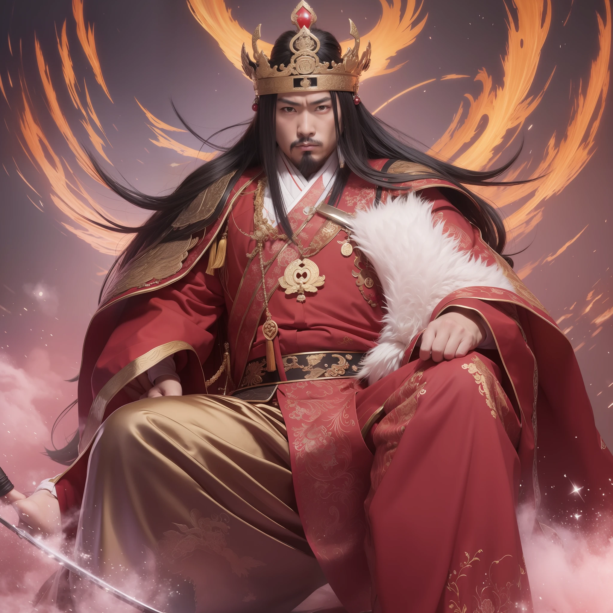 King Enma, skin color is red, wearing a hat like a Chinese emperor, sitting god style, wearing a Chinese emperor-style costume, huge heavenly giant god, charming male god, god with an expression of rage, holding a large notebook in his left hand, holding a sharp sword in his right hand, behind him is a flame light back, God of terrible judgment, eyes are somewhere pitying, face is a stylish beauty young man with Japan, Top quality, ultra-high resolution