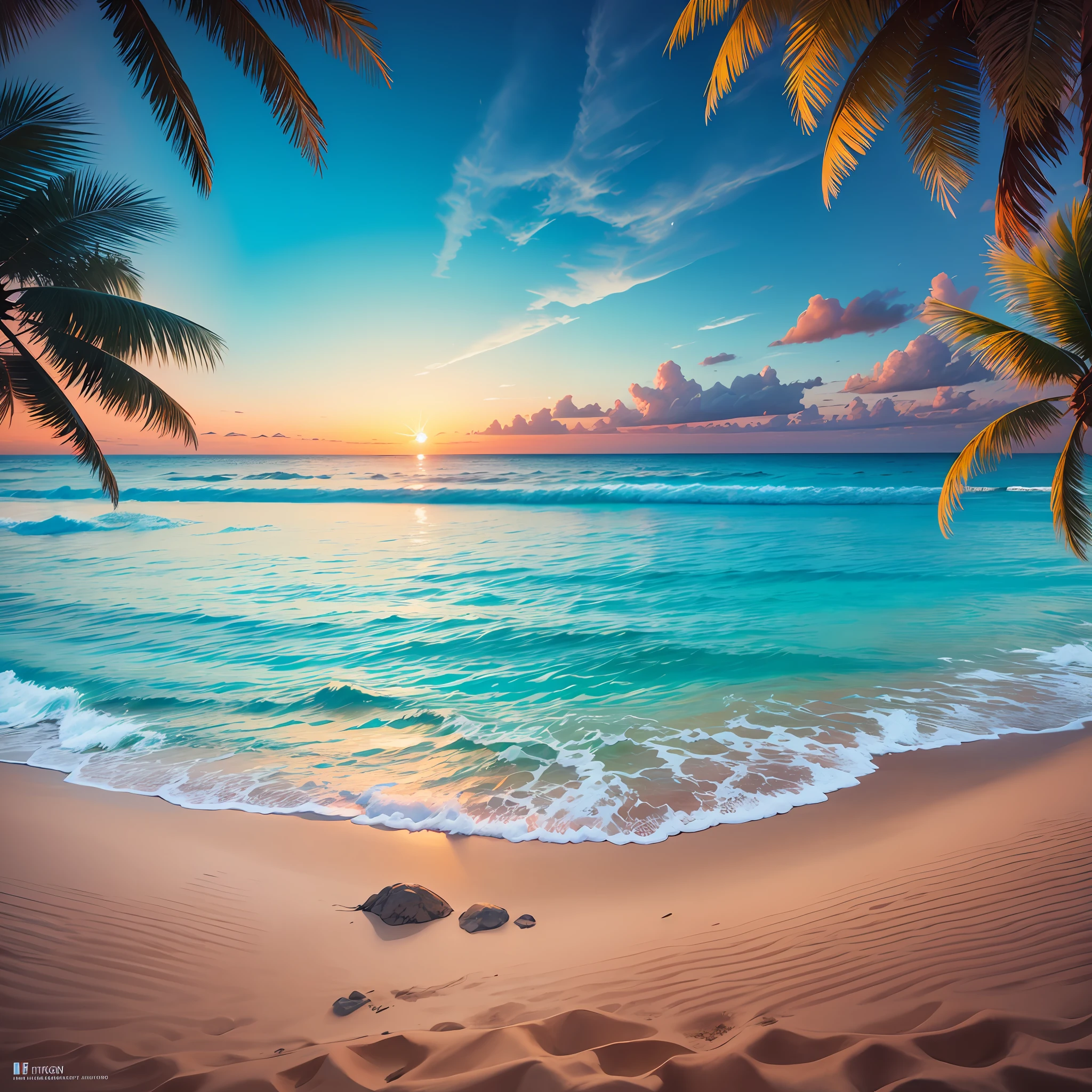There is a beach with sea water in turquoise blue and white sand with a spectacular sunset and coconut trees in the background, 4d ultra realistic, masterpiece, high quality