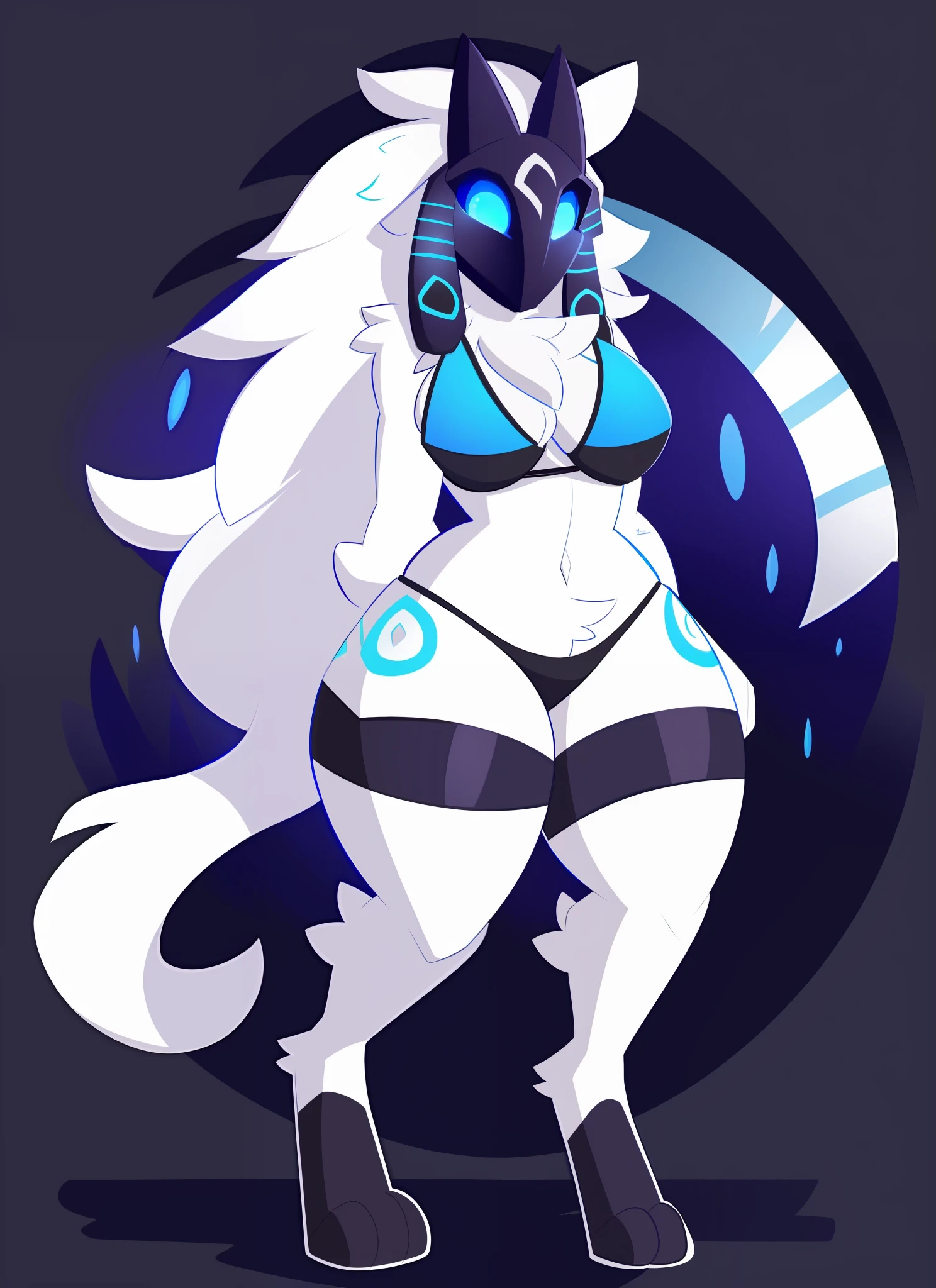 kindred, lamb chest tuft, digitigrade, white hair, long hair, black mask, (blue eyes, glowing eyes:1.4), uploaded the e621, beautiful and detailed portrait of a woman (((female))) anthro lamb, uploaded to e621, by kilinah, (coffeesoda:1.1), hioshiru, kilinah, lighting zenematic, seductor, bl, lamb, thighighs, big chest, full body, beautiful, bikini, thicc, alone