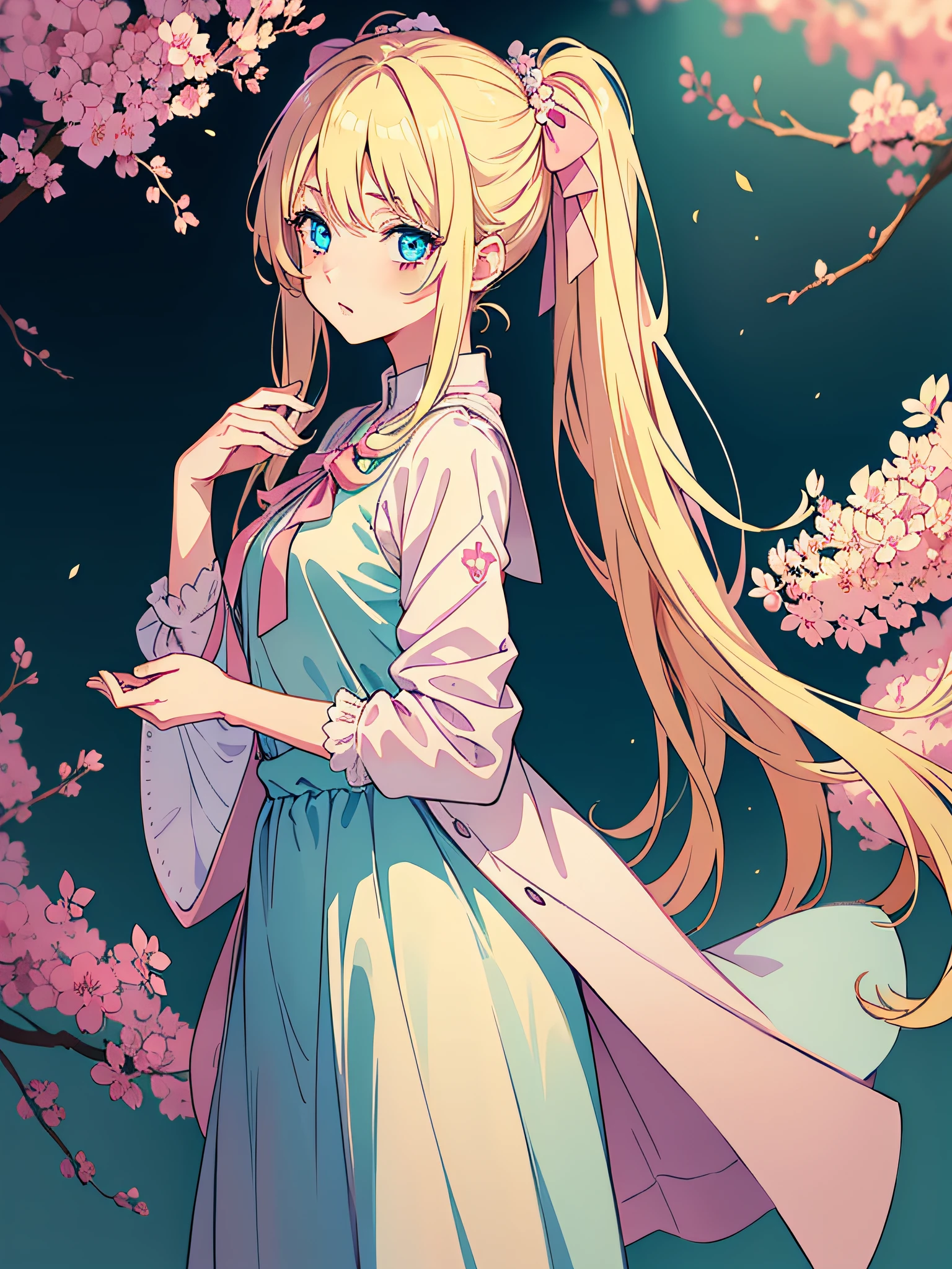 (masterpiece:1.2, best quality), (finely detailed beautiful eyes: 1.2) age 20, solo, female, anime girl, blue eyes, shining eyes, blonde hair and pink highlights, standing straight, teal and white clothing