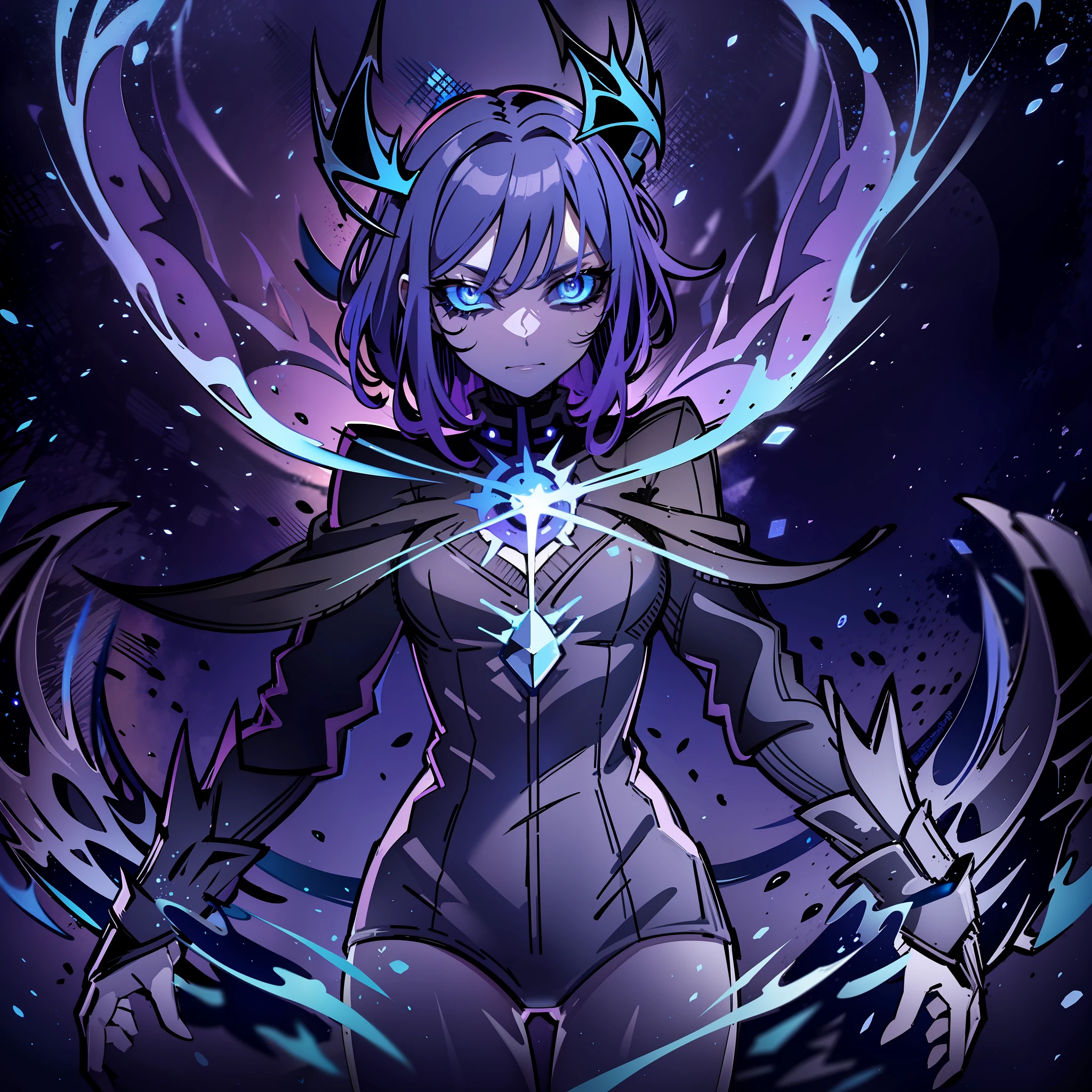 dark wings, blue flaming humanoid creature, blue flames, dark skin, black colored flame wings, black colored flame horns, vibrant purple eyes, surrounded by dark blue colored flames