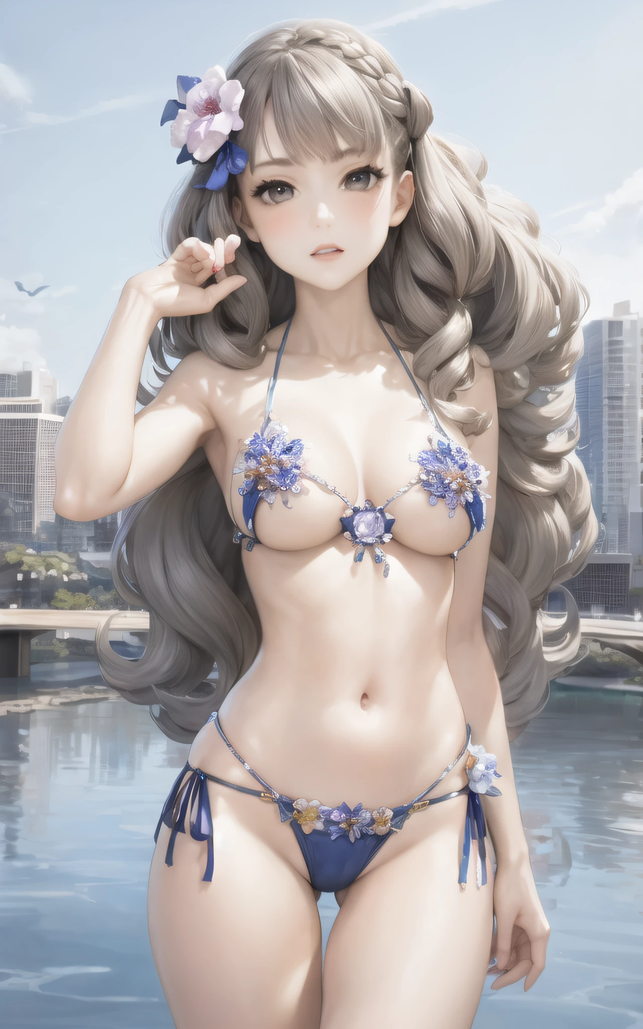 masterpiece, best quality,fuyusaka iori 1, 1girl, solo, (venus bikini:1.2),hair flower, hair ornament, flower, long hair , full body, grey hair, white flower, grey eyes,looking at viewer, highly detailed city background,(ulzzang-6500:0.8), blush,