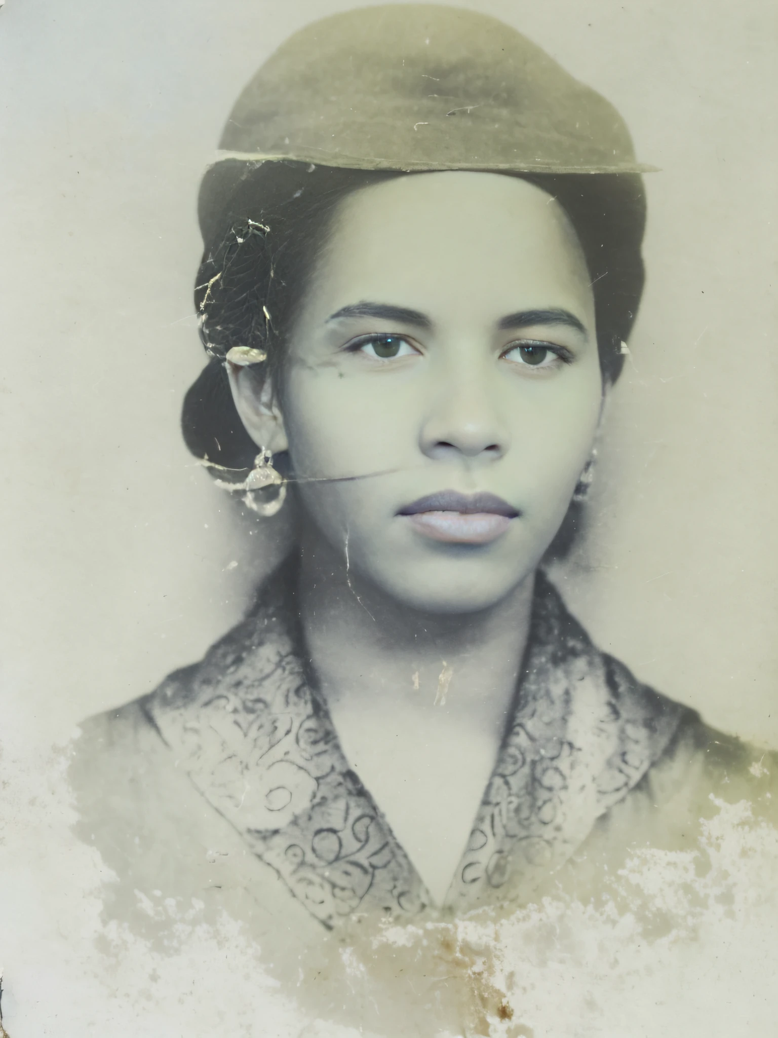 arafed photograph of a woman with a hat and a dress, photo of a woman, potrait, aged photo, old photo, closed up portrait, old picture, old photograph, very old photo, portrait n - 9, protrait, an old balck and white photo, photo of a black woman, black and white old photograph, grainy damaged photo