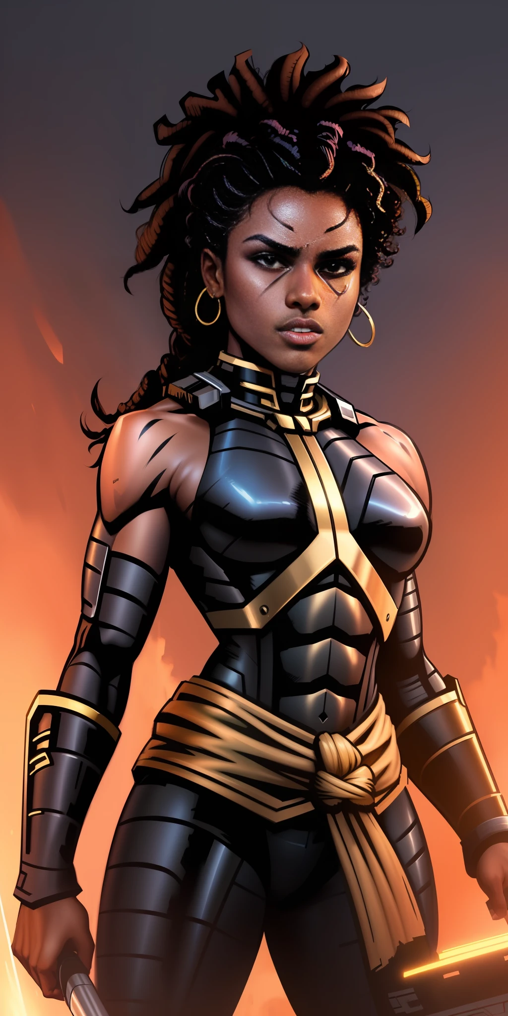 high quality shaded illustration, Comics style drawing, best quality, high resolution, 8k wallpaper, extremely detailed, ((a beautiful 25-year-old black woman, black skin, athletic body, showing belly, beautiful face, symmetrical eyes, curly hair tied up)), ((sci-fi, piloting a spaceship)), serious look, showing teeth, dynamic pose, cinematic lighting, dramatic lighting, artstation, digital painting, sharp focus, golden proportion, well drawn, comic book style, drawing colored lines