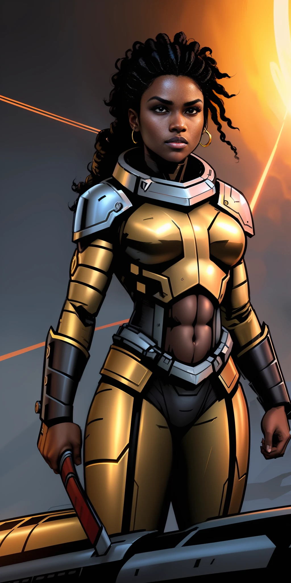 high quality shaded illustration, Comics style drawing, best quality, high resolution, 8k wallpaper, extremely detailed, ((a beautiful 25-year-old black woman, black skin, athletic body, showing belly, beautiful face, symmetrical eyes, curly hair tied up)), ((sci-fi, piloting a spaceship)), serious look, showing teeth, dynamic pose, cinematic lighting, dramatic lighting, artstation, digital painting, sharp focus, golden proportion, well drawn, comic book style, drawing colored lines