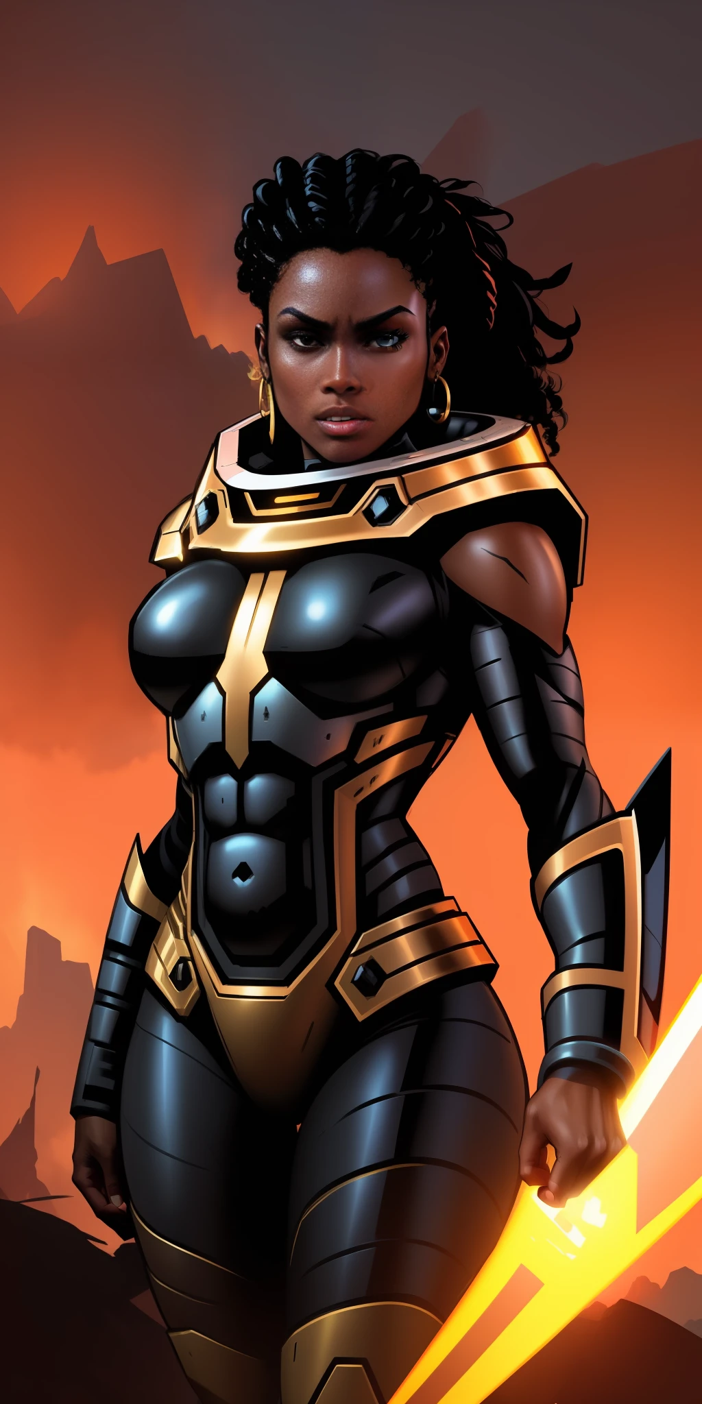 high quality shaded illustration, Comics style drawing, best quality, high resolution, 8k wallpaper, extremely detailed, ((a beautiful 25-year-old black woman, black skin, athletic body, showing belly, beautiful face, symmetrical eyes, curly hair tied up)), ((sci-fi, piloting a spaceship)), serious look, showing teeth, dynamic pose, cinematic lighting, dramatic lighting, artstation, digital painting, sharp focus, golden proportion, well drawn, comic book style, drawing colored lines