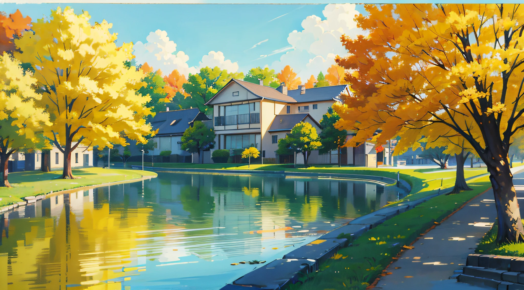 park, bank, yellow trees, houses in the background, masterpieces, HD, high quality, best quality, highres, high quality, high details, masterpiece, anime style